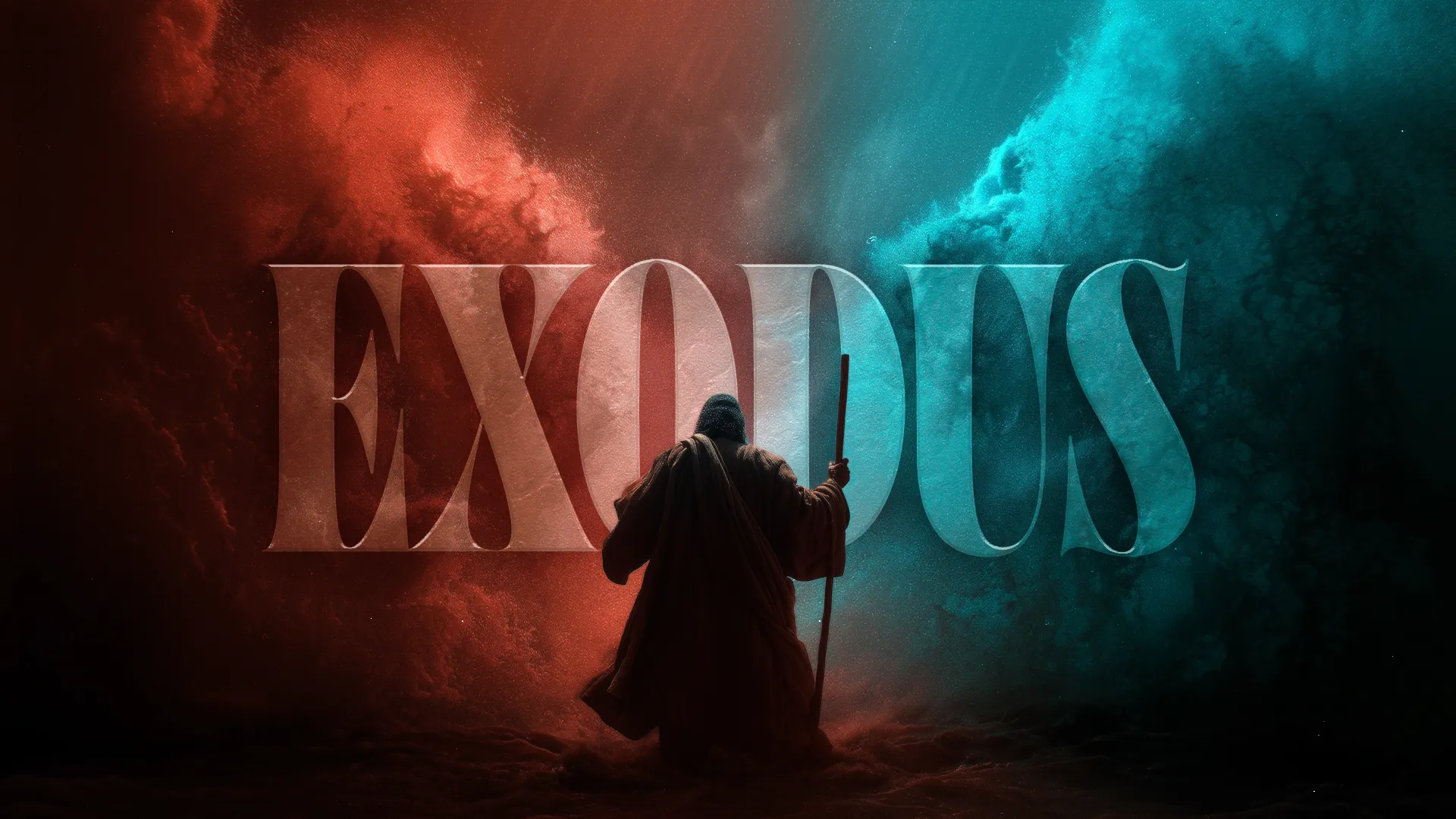 Biblical Exodus scene; figure parting sea, vibrant red and blue waves, symbolizing faith and divine intervention.