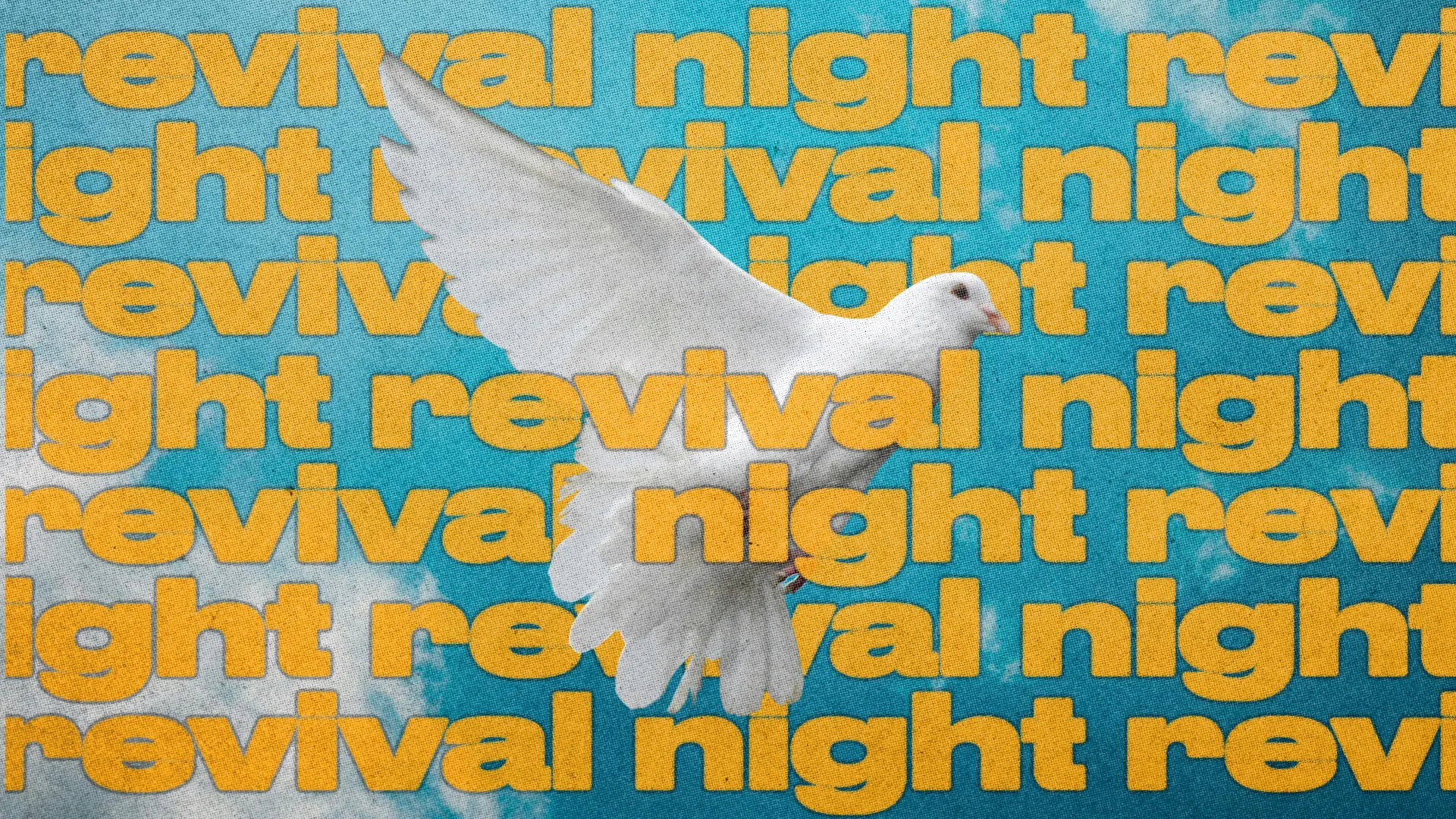 Dove flying with text "revival night" repeated, symbolizing spiritual renewal and hope.