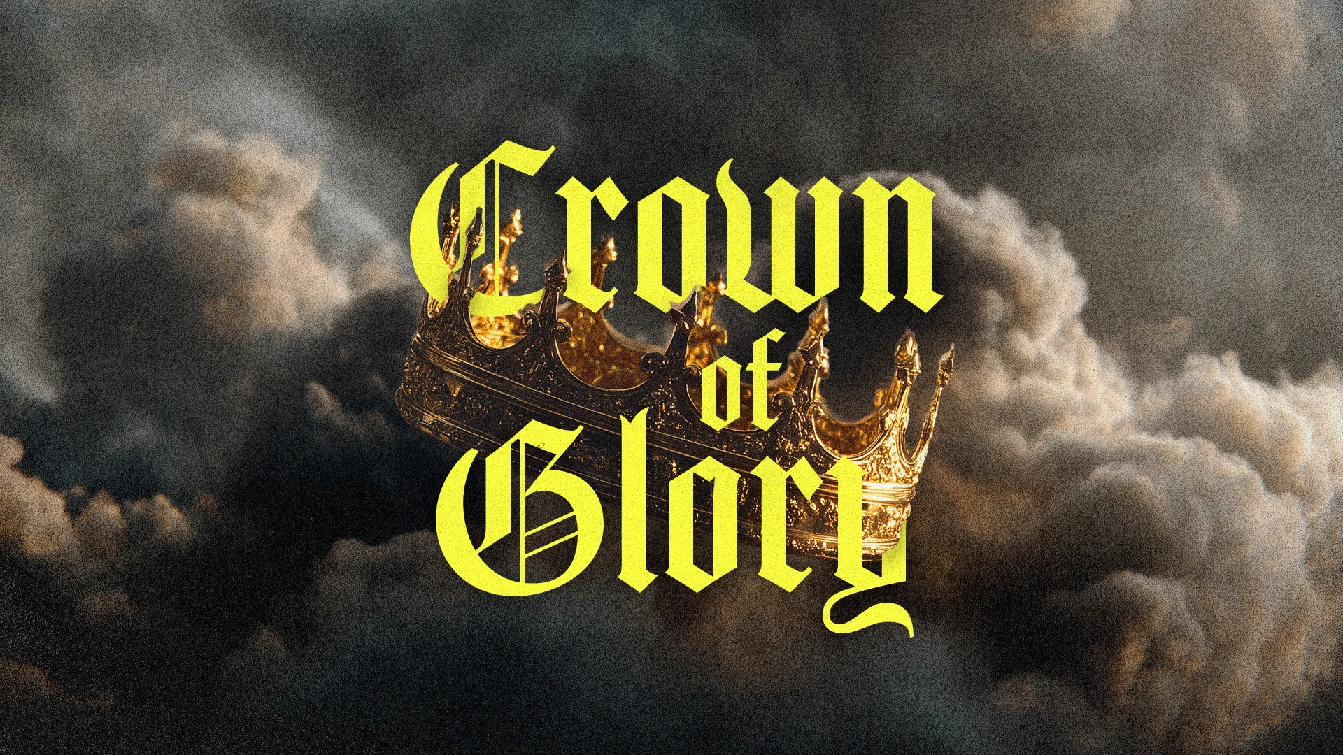 "Crown of Glory" text with a golden crown on dramatic, cloudy background, symbolizing heavenly reward and faith.