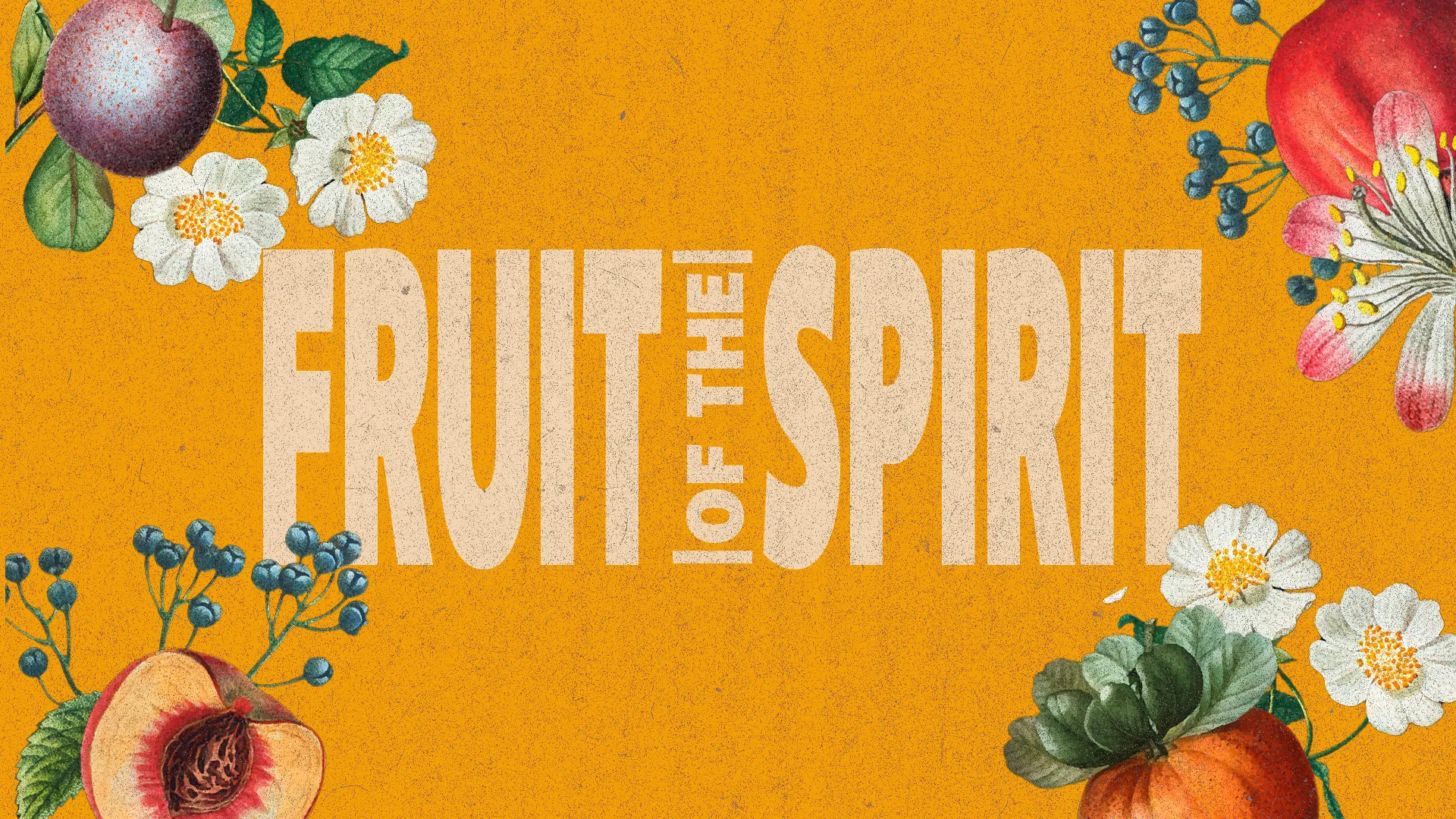 "Fruit of the Spirit" text with colorful fruit and floral illustrations on an orange background.