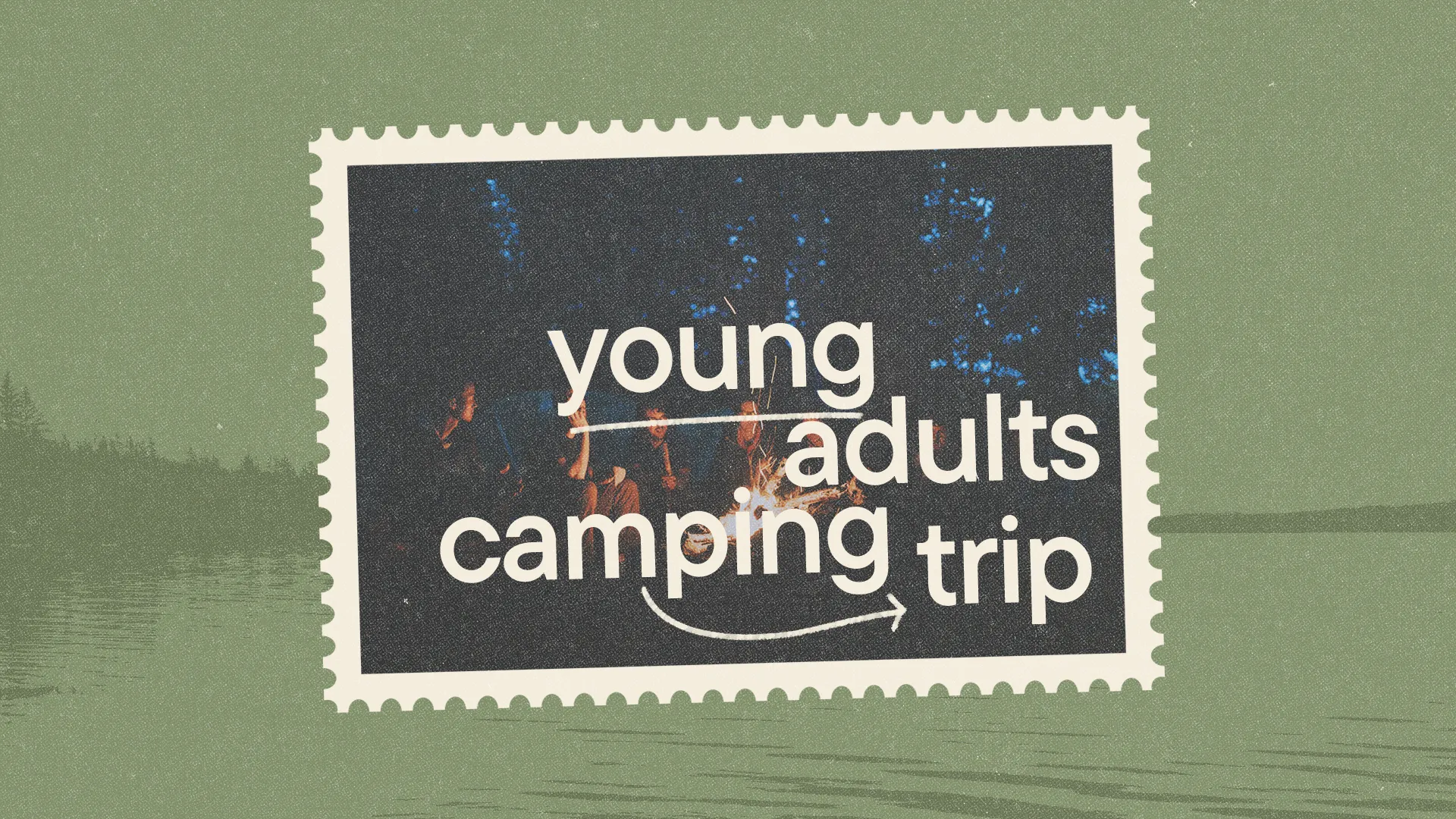 Young adults gathered around a campfire, fostering community and faith during a camping trip.