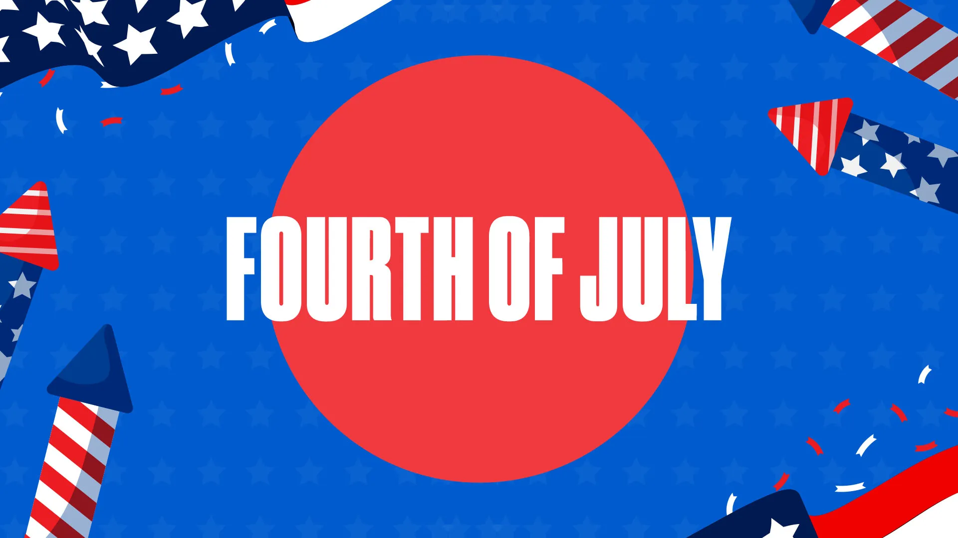 Fourth of July church media graphic with patriotic blue background, red circle, white typography, and decorative American flag elements with stars and stripes