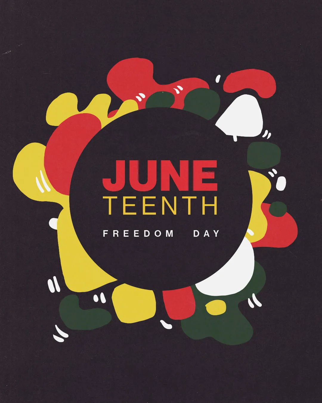 Colorful abstract Juneteenth Freedom Day graphic with red, yellow, green and white shapes on black background for church media