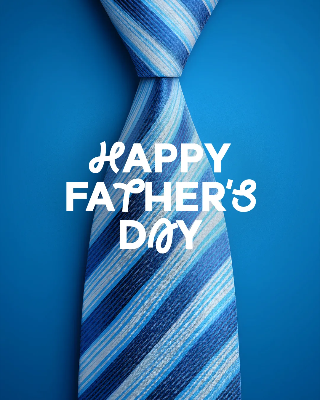 Professional Father's Day church social media template featuring blue striped necktie on blue background with "HAPPY FATHER'S DAY" text in white letters