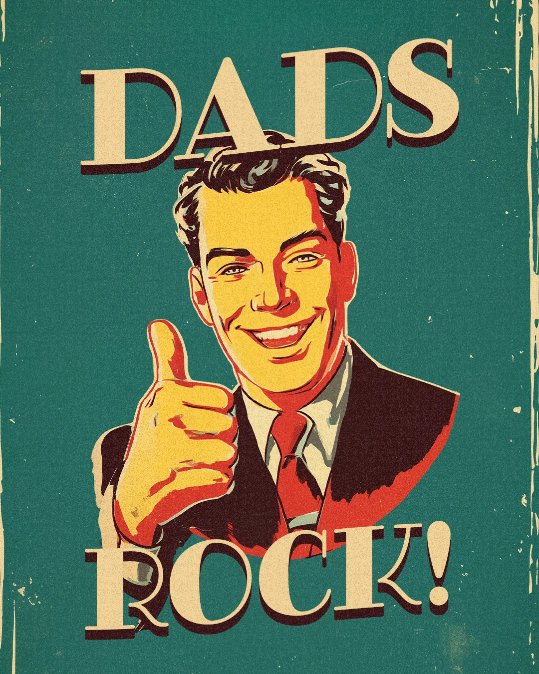 Retro-style Father's Day church social media template featuring vintage pop art illustration of smiling man in suit giving thumbs up with "DADS ROCK!" text in cream lettering on teal background