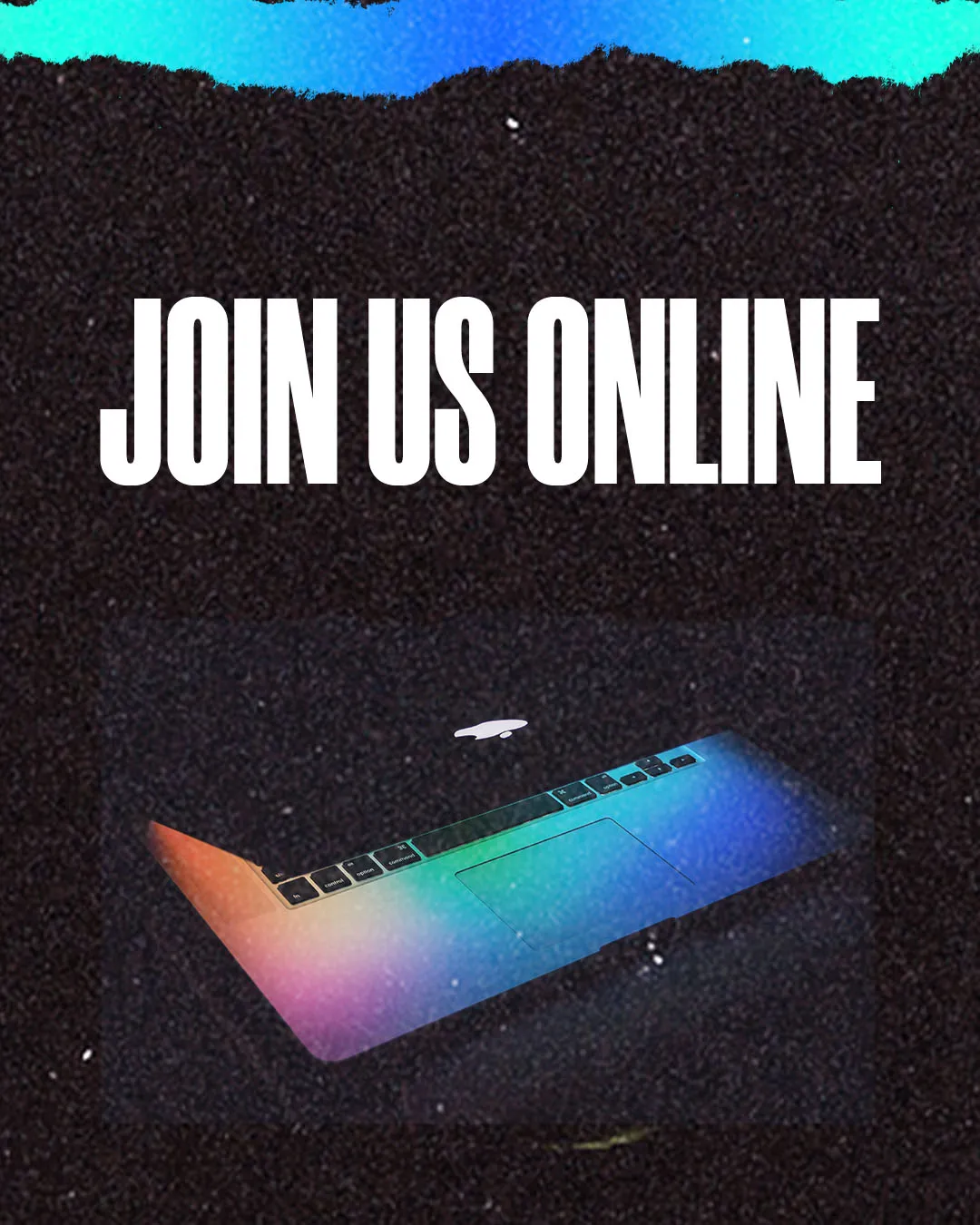 "Join Us Online" text with colorful gradient laptop floating in starry space background for virtual church services media