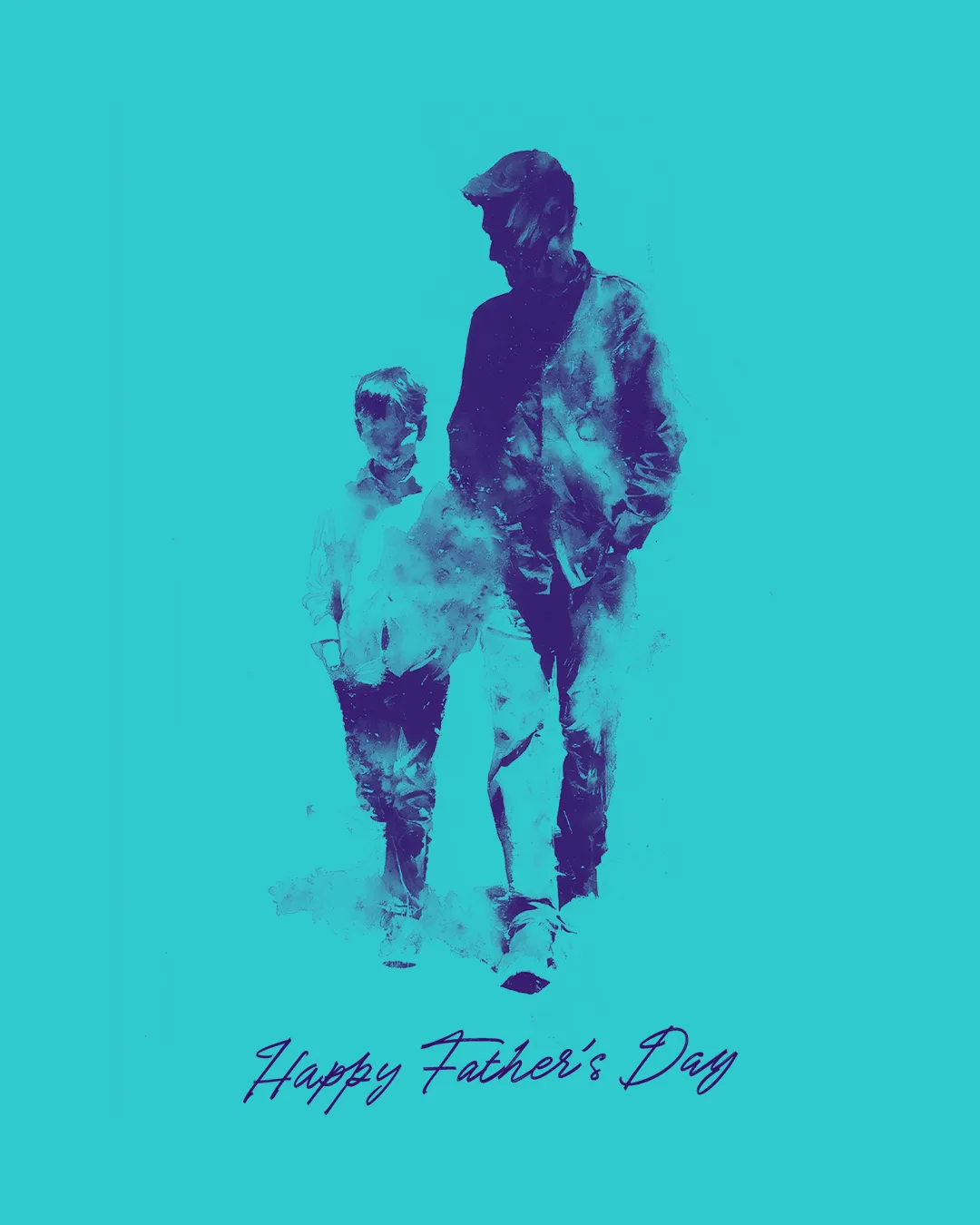 Artistic Father's Day church social media template featuring distressed silhouette of father and child walking together on teal background with "Happy Father's Day" text in purple script font