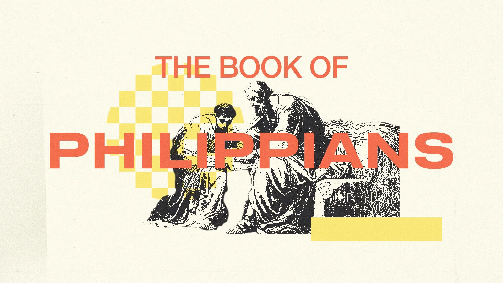 The Book of Philippians church media graphic featuring vintage biblical illustration with red and yellow geometric checkerboard patterns on cream background