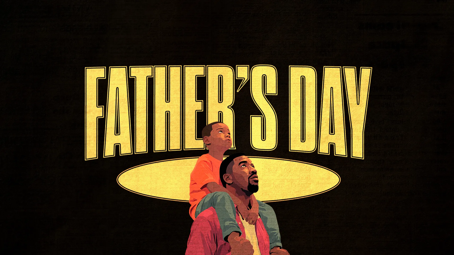 Father's Day church graphic with golden "FATHER'S DAY" text and illustration of father holding child against black background with yellow oval spotlight