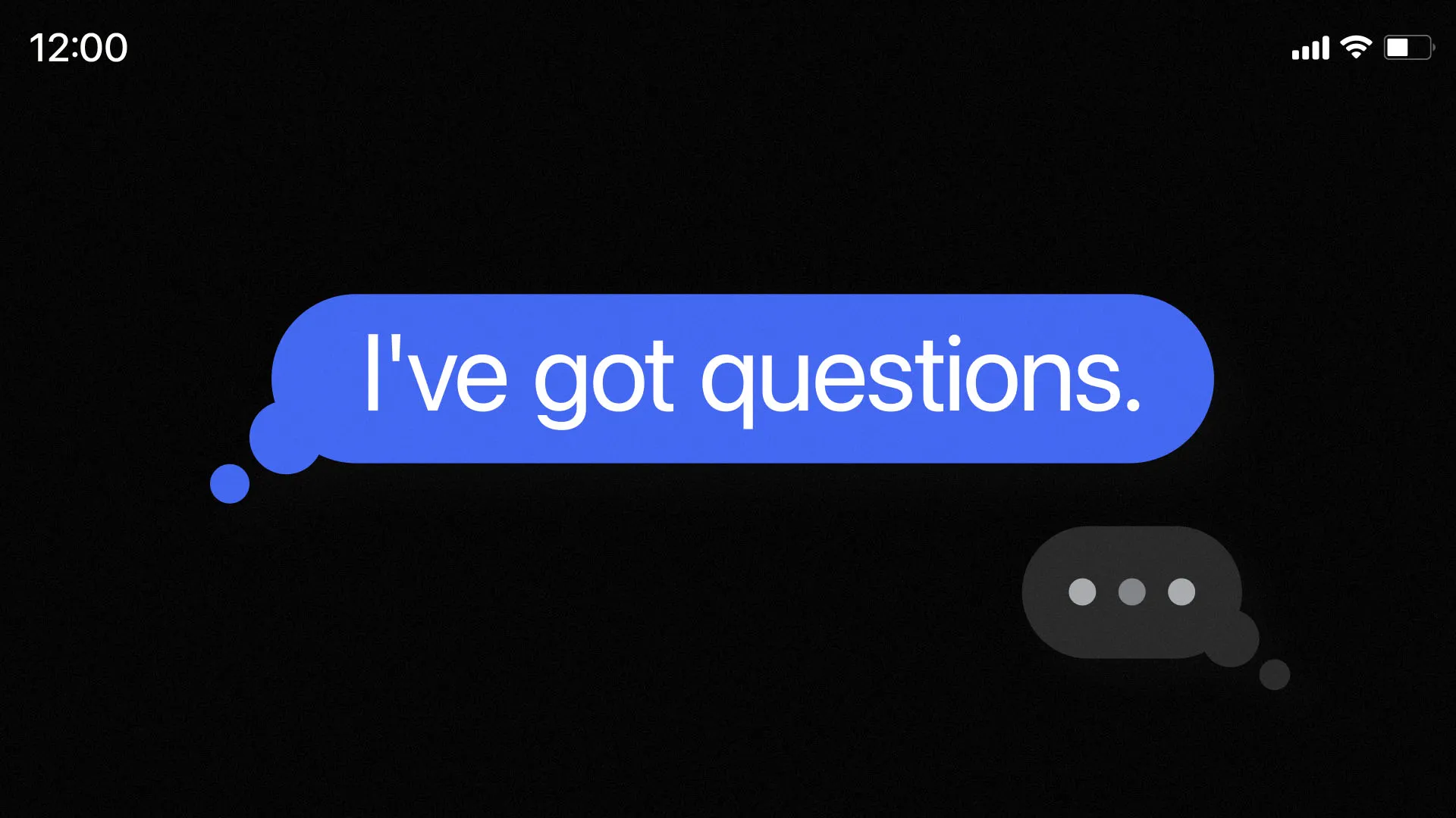 Modern church media graphic featuring blue text message bubble with "I've got questions" on black smartphone screen background for apologetics and Q&A sermon series