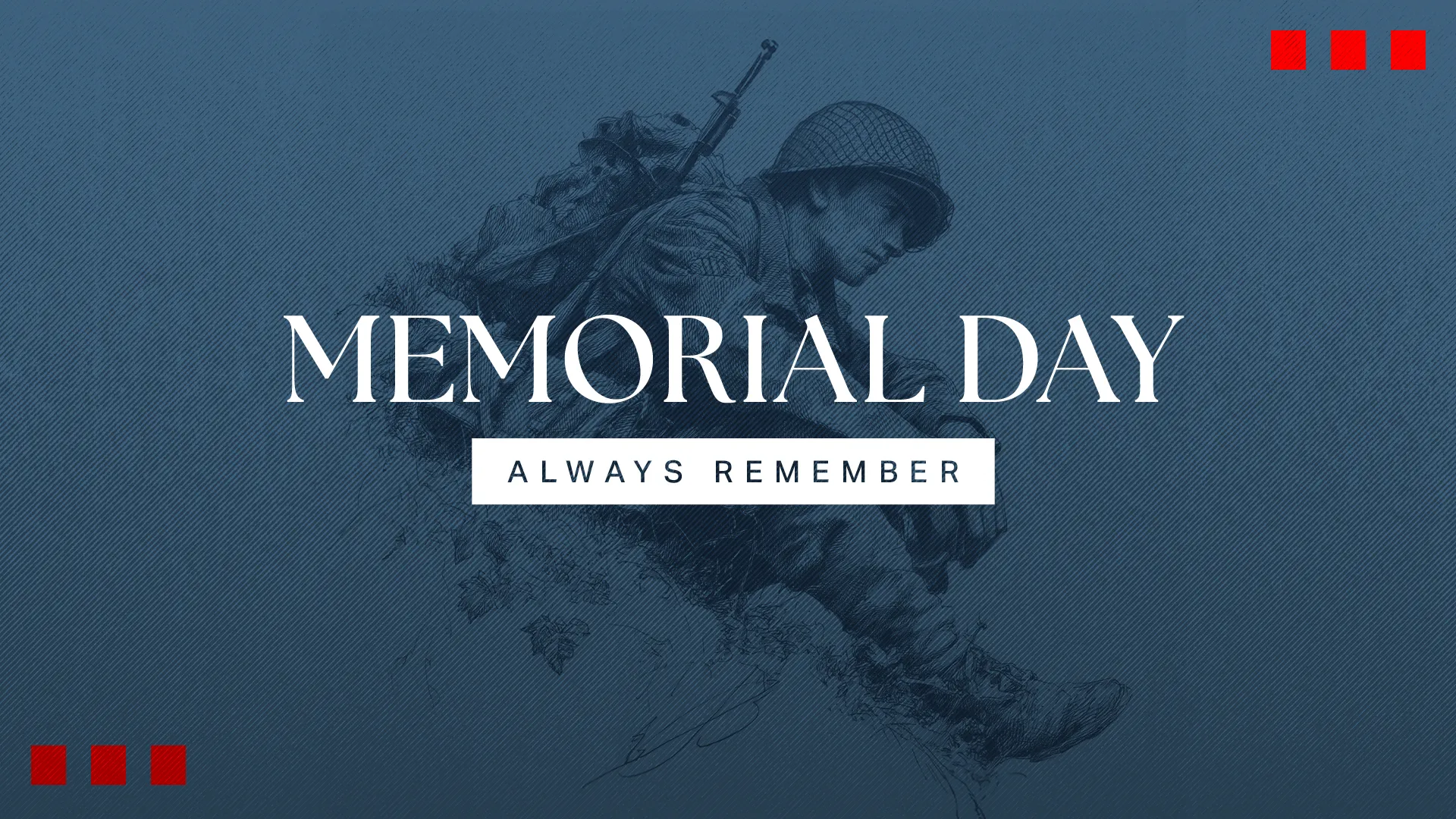 Memorial Day church graphic with vintage soldier silhouette on blue background featuring the words "Memorial Day - Always Remember"