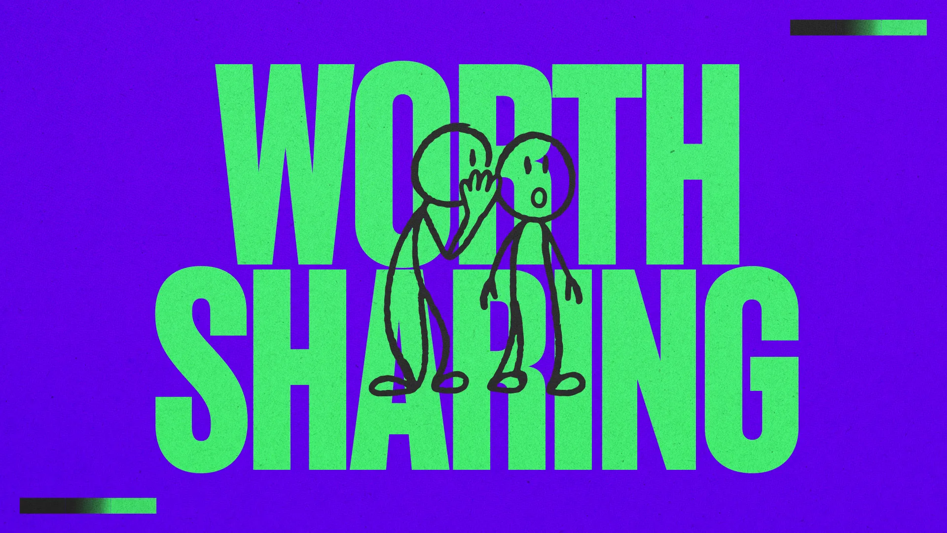 Two figures whispering to each other, emphasizing the message "Worth Sharing" in vibrant colors, symbolizing community and faith.