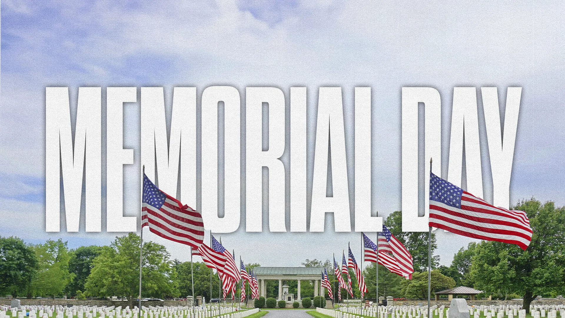 Honor and reflect with this 'Memorial Day' graphic, a fitting tribute for church services commemorating those who have served. The bold, imposing text over a scene of American flags offers a poignant reminder of bravery and sacrifice.
