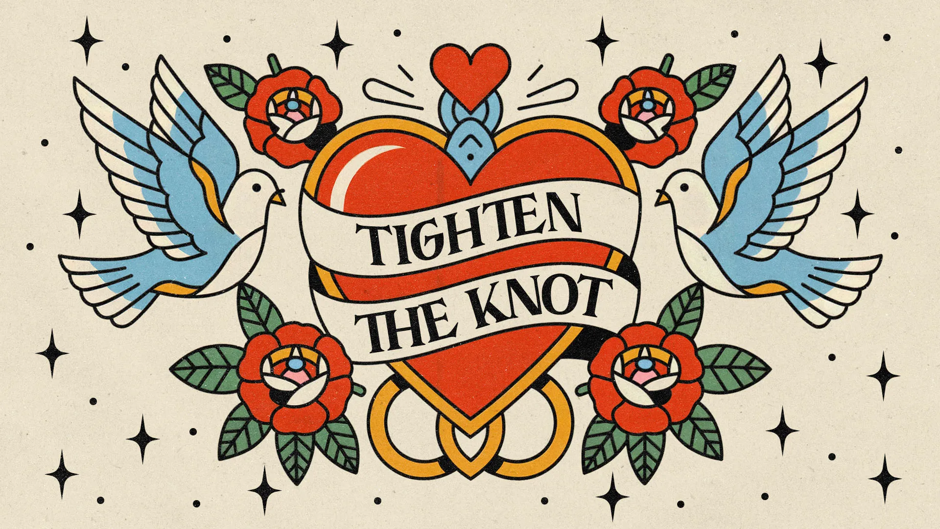 Vintage tattoo-style church media with "TIGHTEN THE KNOT" banner text surrounded by doves, roses, hearts and stars in classic Americana design