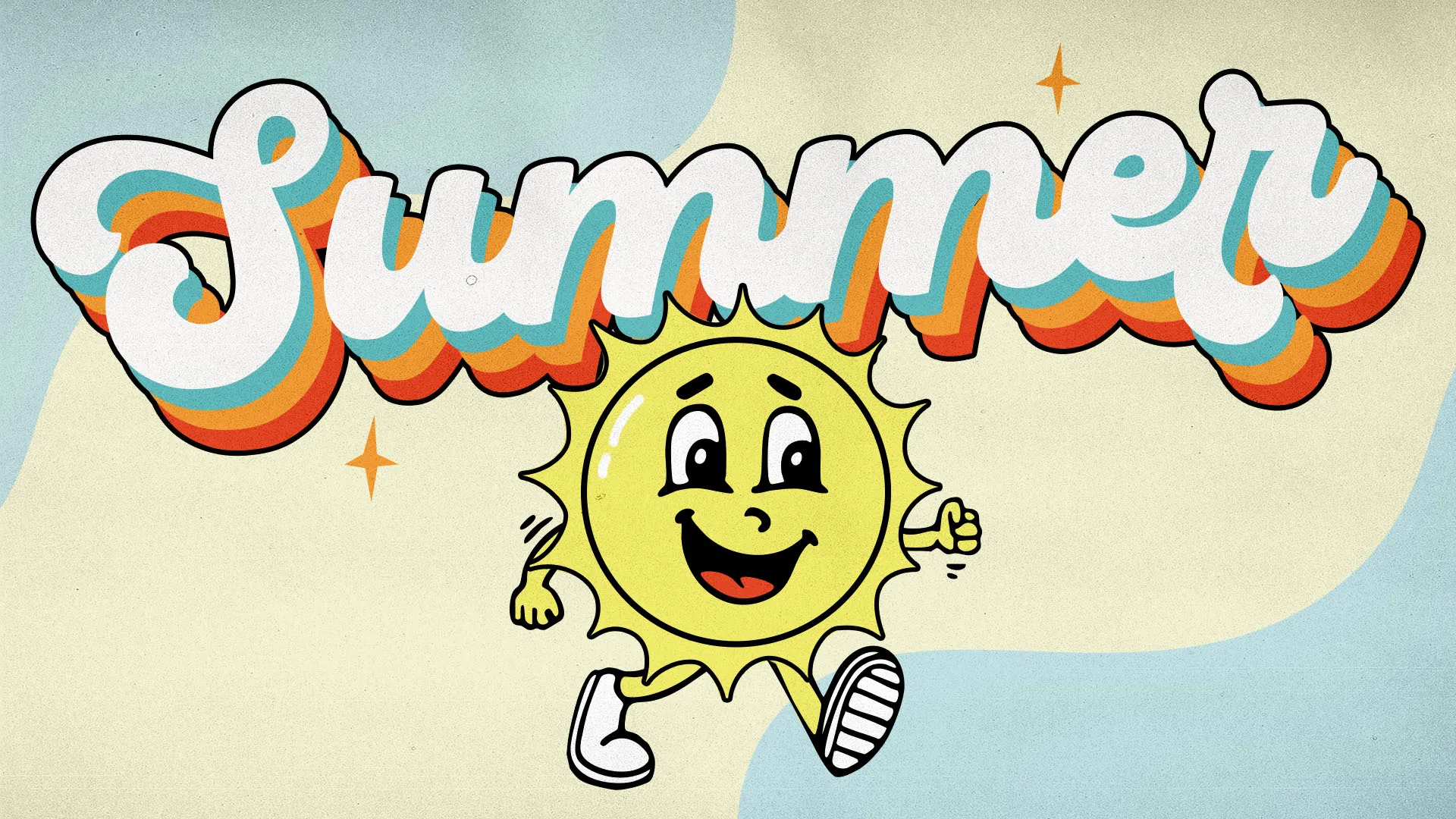 Retro-styled Summer graphic with cartoon sun character and multi-colored typography on soft blue background for church media use.