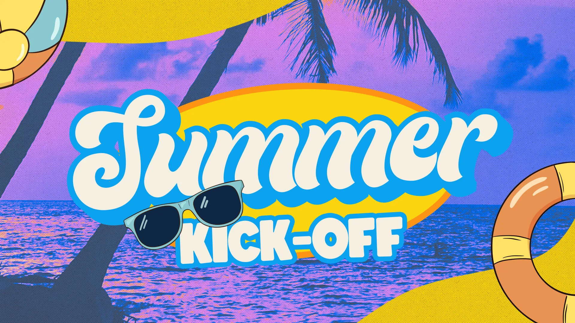 Colorful Summer Kick-Off church graphic with beach scene, palm trees, and retro typography with sunglasses and beach accessories on purple-blue sunset background.