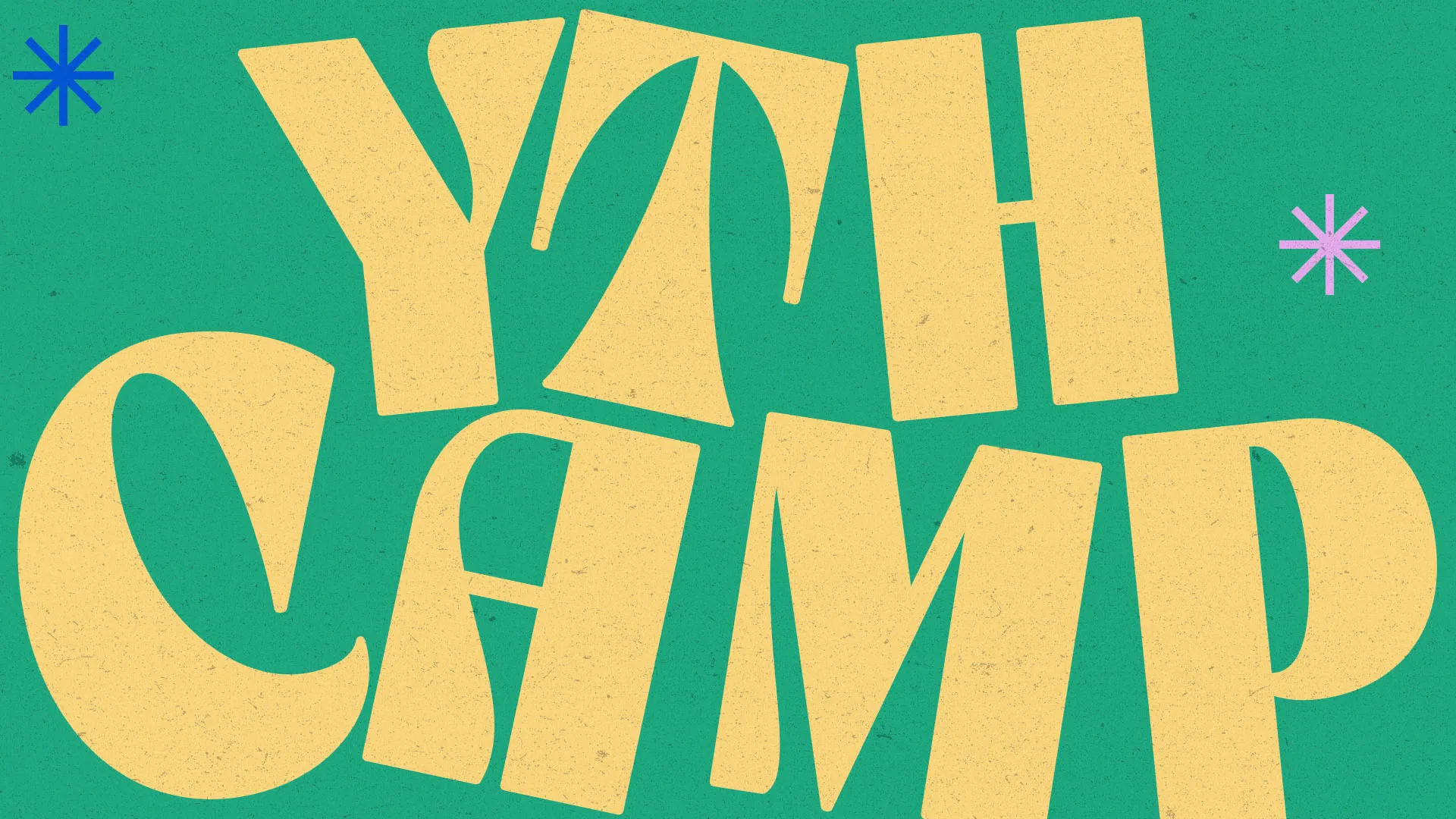 Playful YTH Camp church graphic with distressed yellow typography on bright green background with star accents in blue and pink.