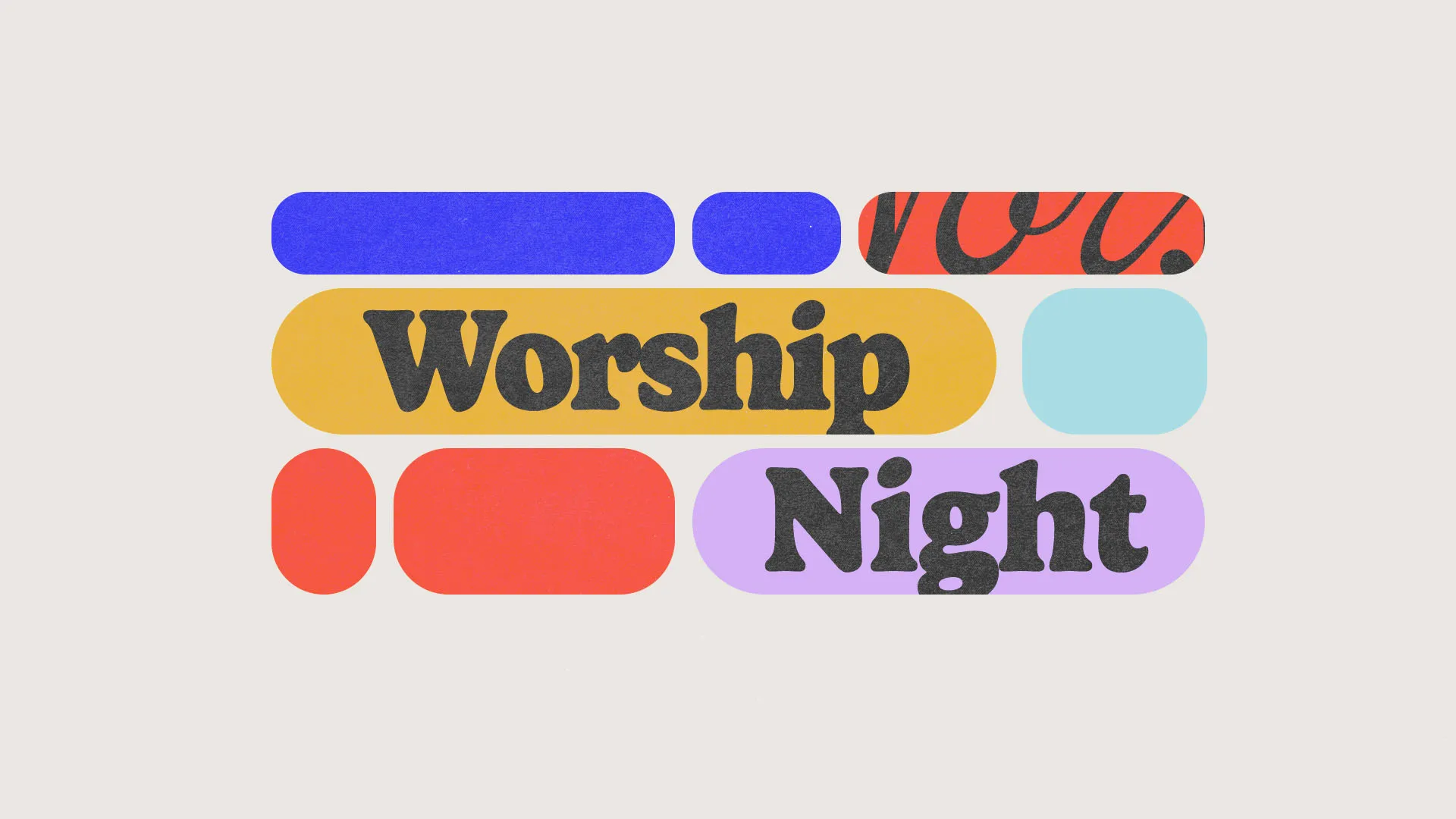 Modern Worship Night church graphic with bold typography on colorful rounded rectangular blocks in blue, yellow, red, purple, and teal.