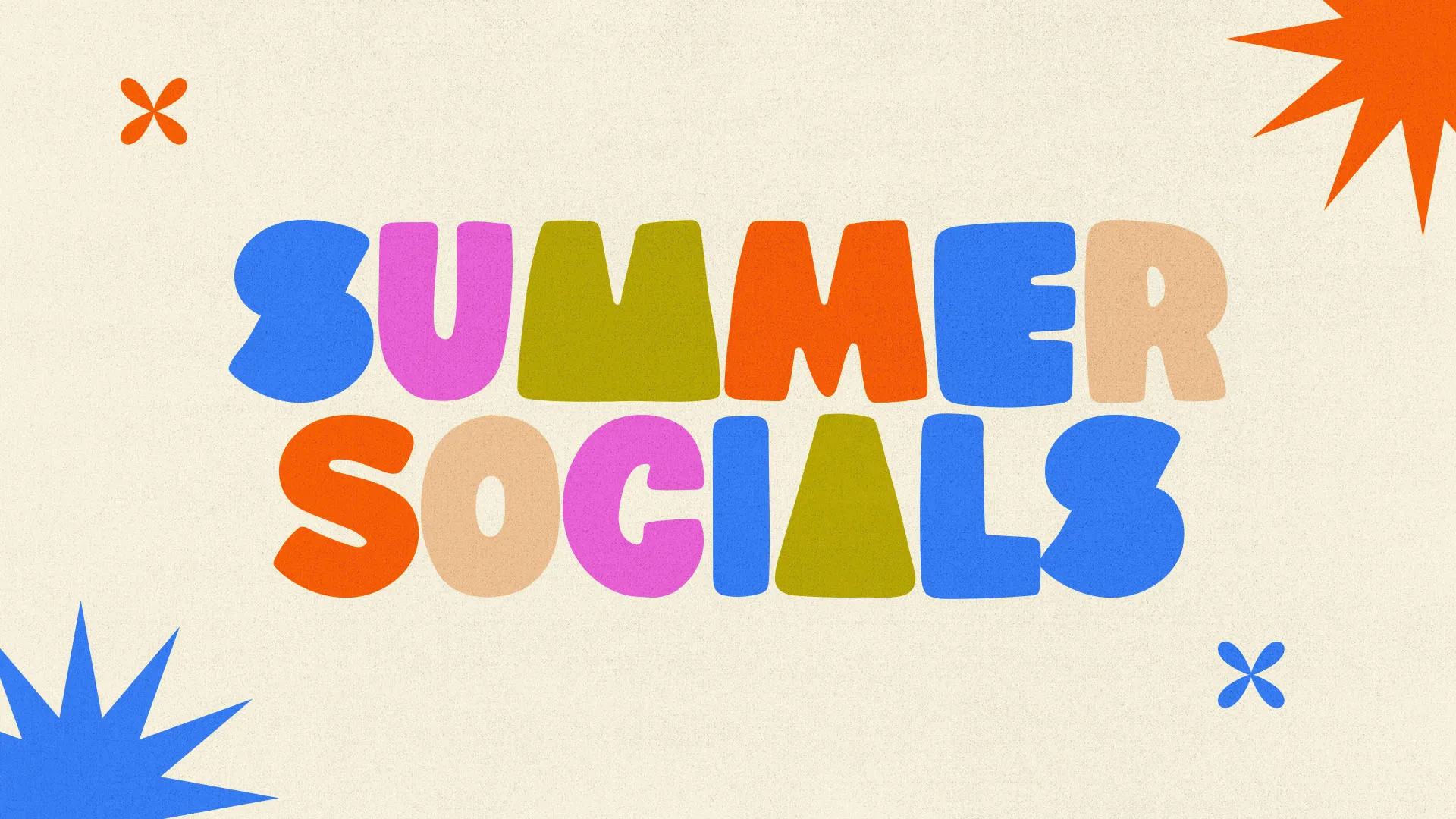 Colorful retro "Summer Socials" graphic with multi-colored playful typography and geometric star accents on cream background for church events