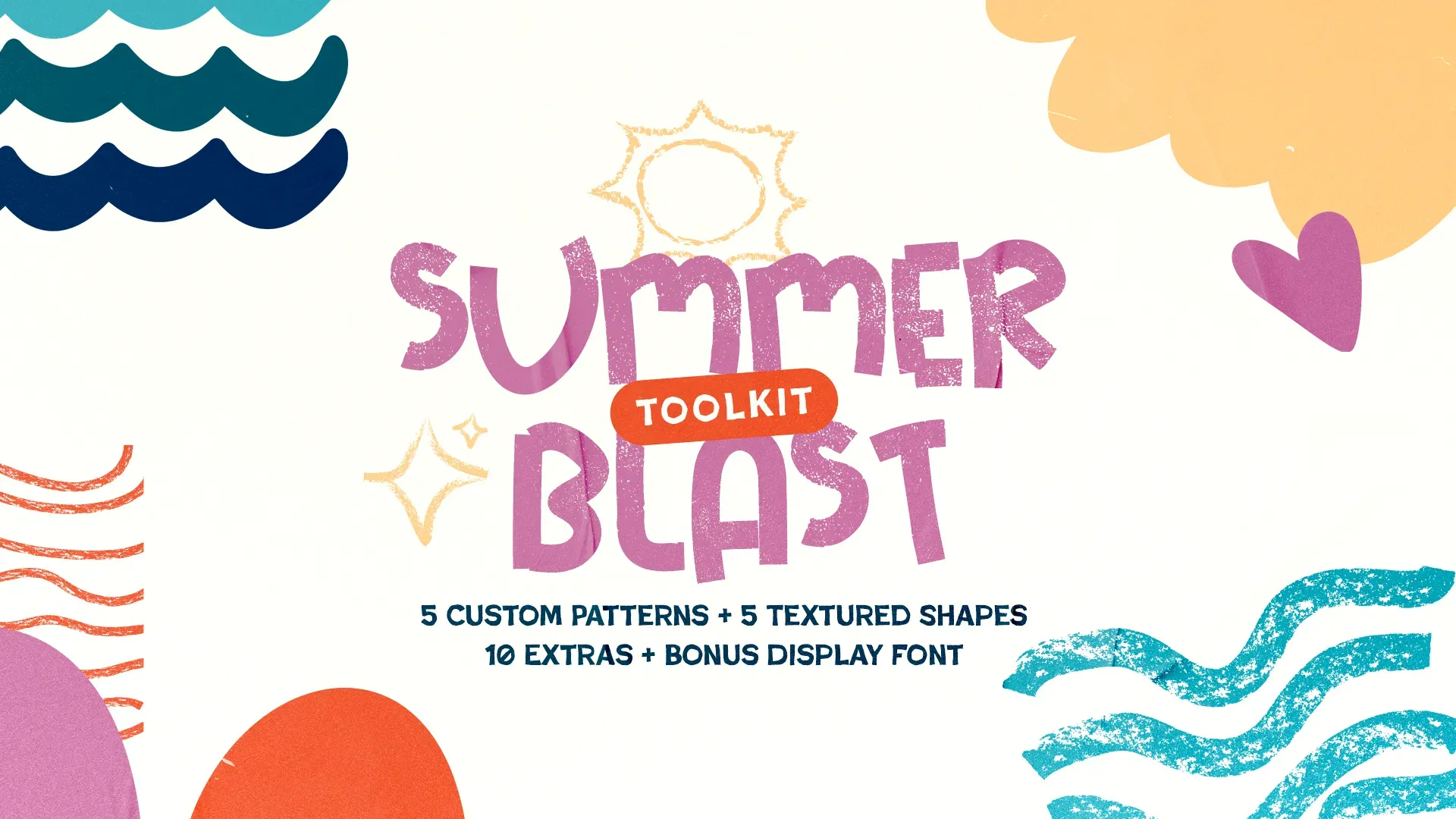 "Summer Blast Toolkit" featuring textured purple typography with 5 patterns, 5 shapes, 10 extras and bonus font for creating cohesive church media with wave and sun elements.