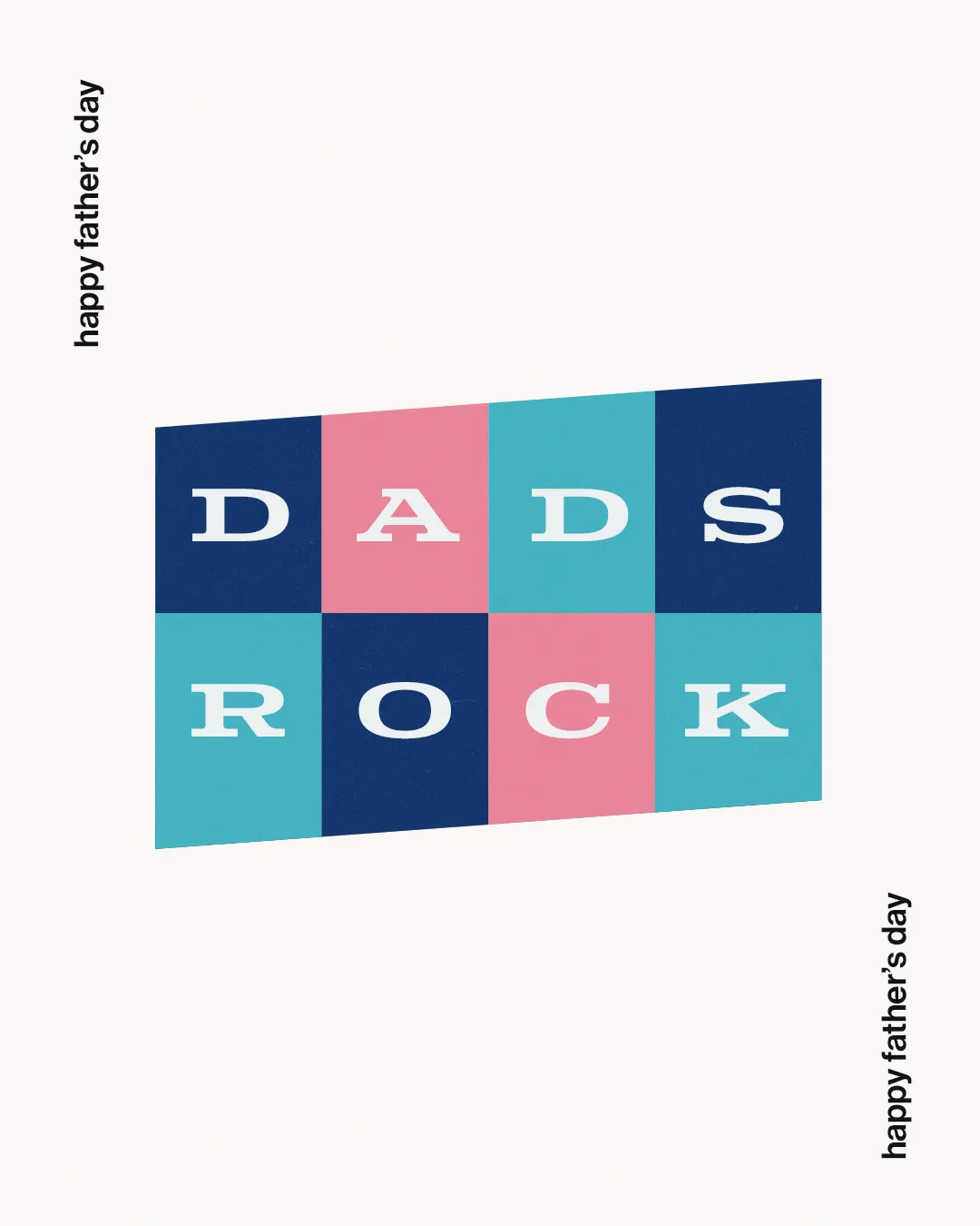 Modern Father's Day church social media template featuring geometric grid design with "DADS ROCK" text in white letters on alternating blue, pink, and teal colored squares with "happy father's day" text