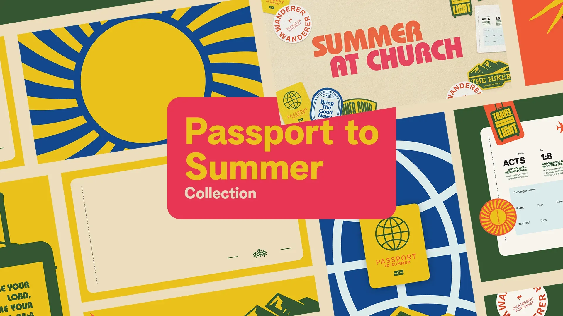 "Passport to Summer Collection" featuring coordinated church media templates with travel-themed badges, passport elements, and mission graphics in bright colors for summer ministry programs.