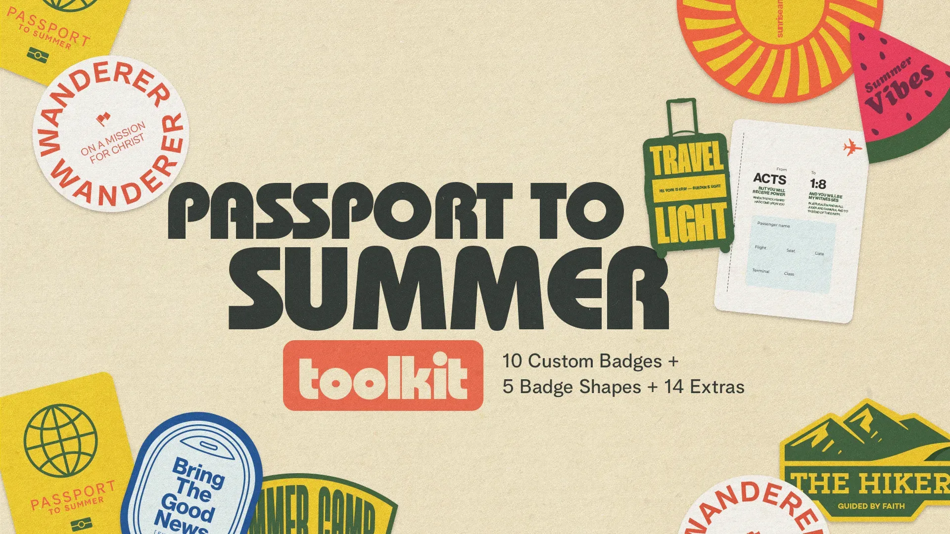 "Passport to Summer" church media toolkit featuring mission-themed travel badges, stickers, and passport elements inspired by Acts 1:8 with 29 customizable graphics on textured background.