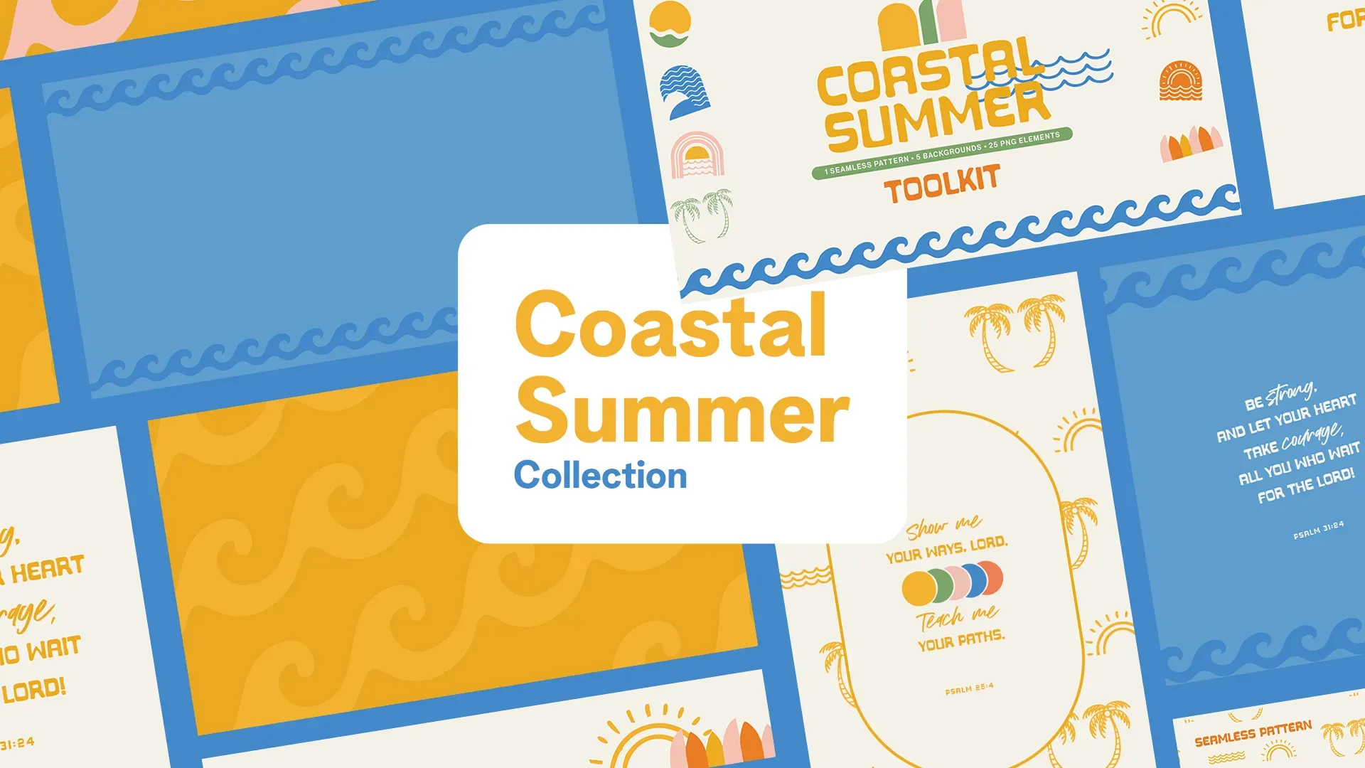 Coastal Summer Collection church media featuring Psalm scripture quotes, palm trees, wave patterns, and beach elements in blue and yellow with coordinated social media templates.
