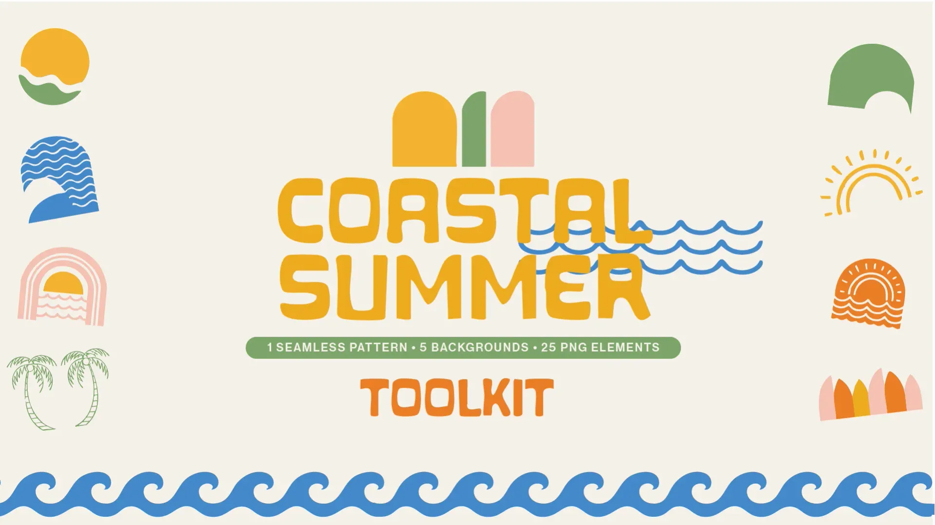 Coastal Summer Toolkit for church media featuring minimalist beach-inspired designs with waves, sun, and palm elements in blue, yellow, green, and orange on cream background.