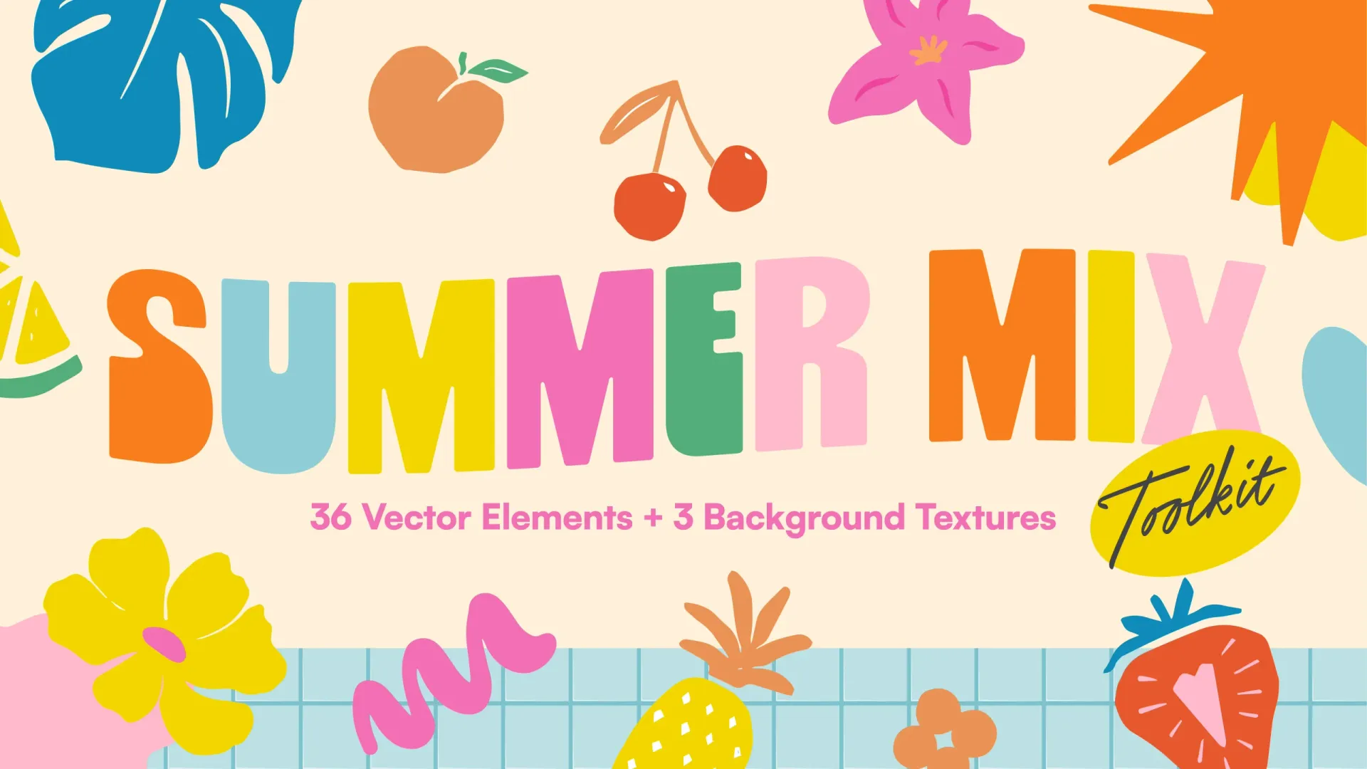Colorful summer mix church media toolkit with 36 vector elements including fruits, flowers, and tropical designs in bright pinks, yellows, blues, and oranges on a cream background.