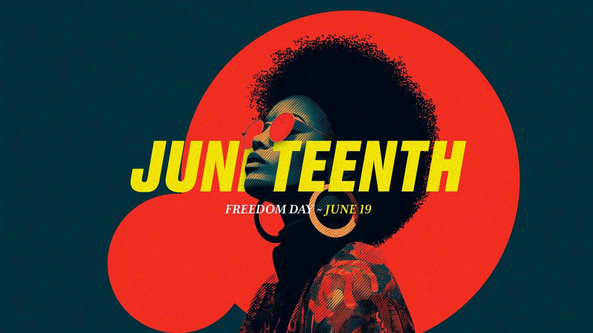 Modern Juneteenth church media with stylized silhouette against red circle on teal background featuring "JUNETEENTH FREEDOM DAY - JUNE 19" typography