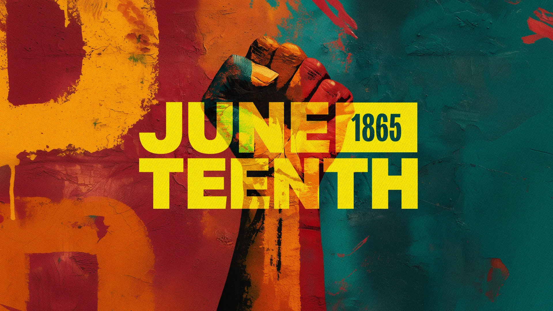 Juneteenth church media with raised fist silhouette against colorful textured background featuring bold yellow "JUNETEENTH 1865" typography