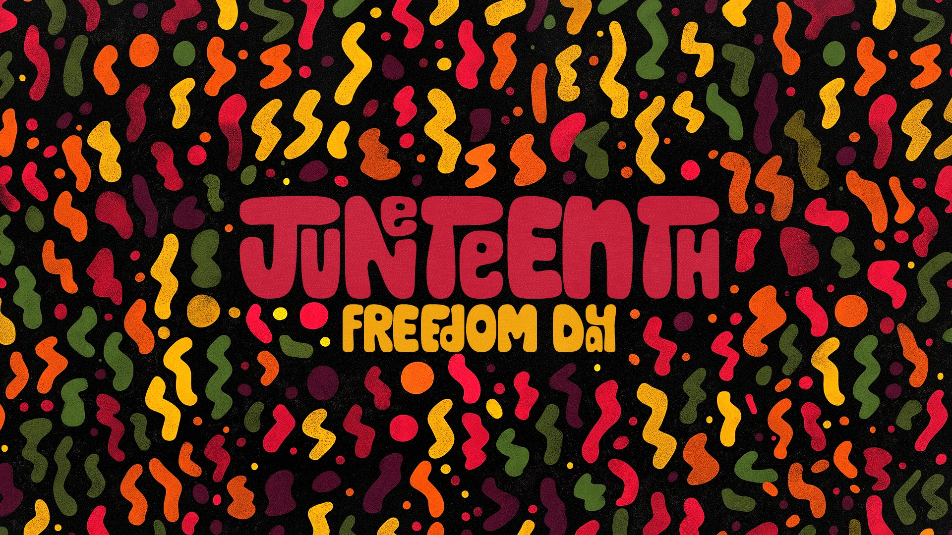 Colorful Juneteenth church media with vibrant pattern background in pan-African colors featuring "Juneteenth Freedom Day" retro typography