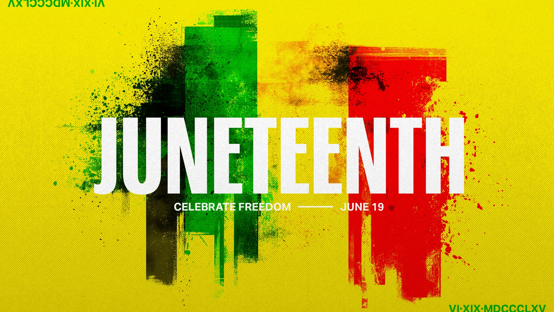 Juneteenth church media featuring bold typography on yellow background with red, black and green paint splatter design elements and "Celebrate Freedom - June 19" message