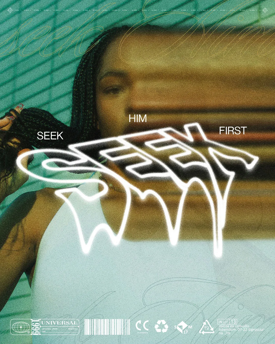 Modern church media template with white neon-style "SEEK HIM FIRST" typography over atmospheric teal and gold photo background