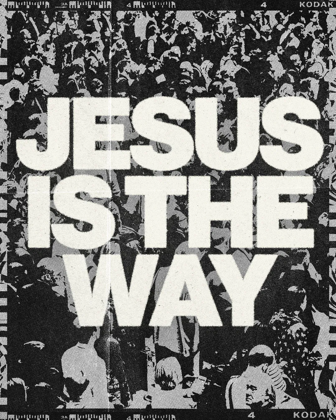 High-contrast black and white church media design with bold "JESUS IS THE WAY" typography over halftone crowd image