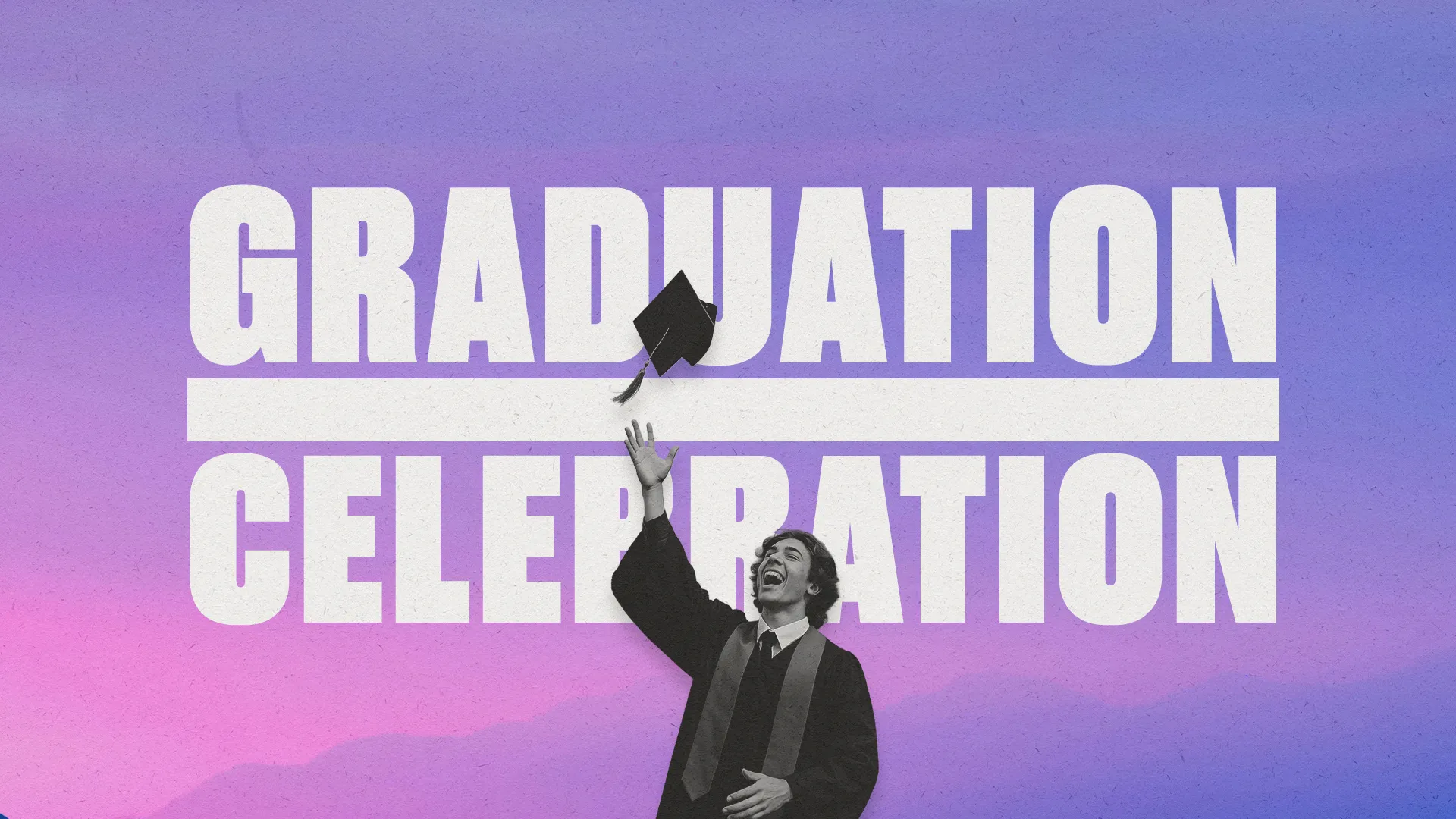 Youth graduation celebration church media graphic with bold white typography and silhouette of graduate tossing cap against purple gradient background