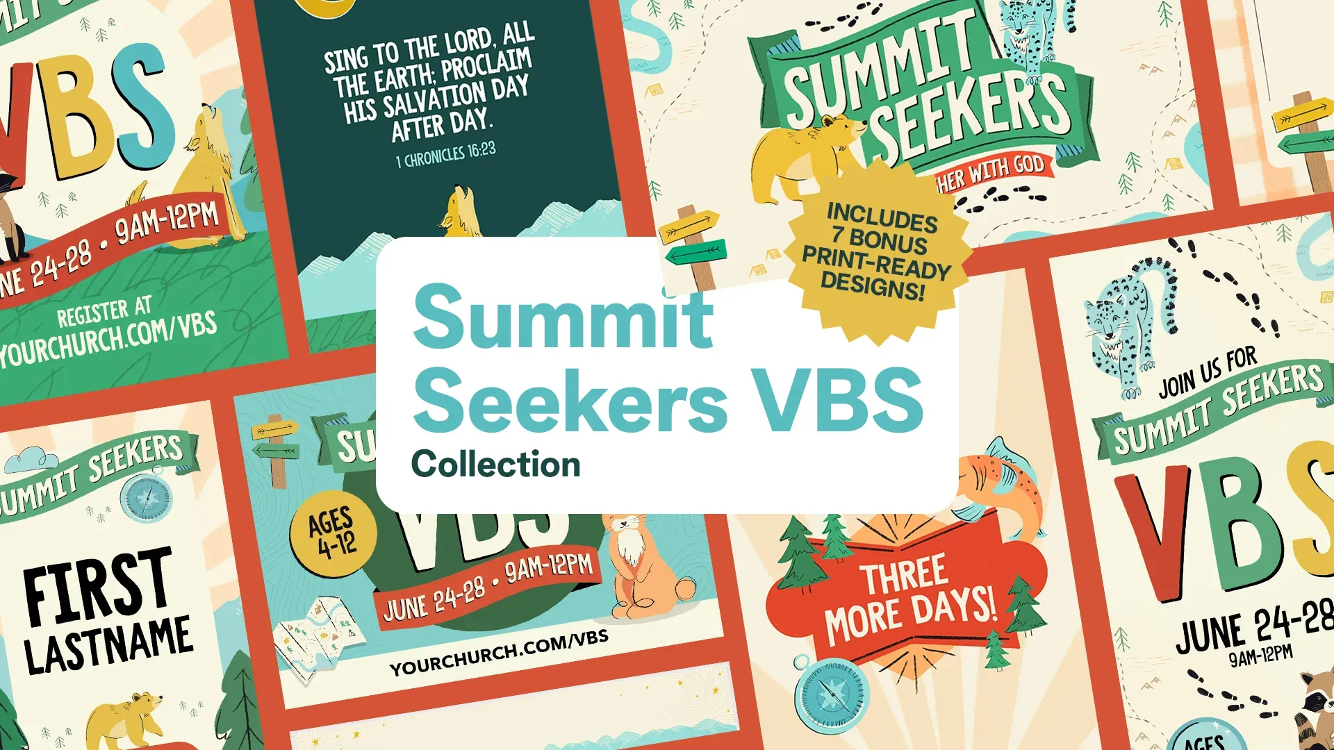 Adventure-themed graphics package with 7 print-ready designs for your church's Vacation Bible School - perfect for promoting summer children's ministry with wilderness exploration themes.