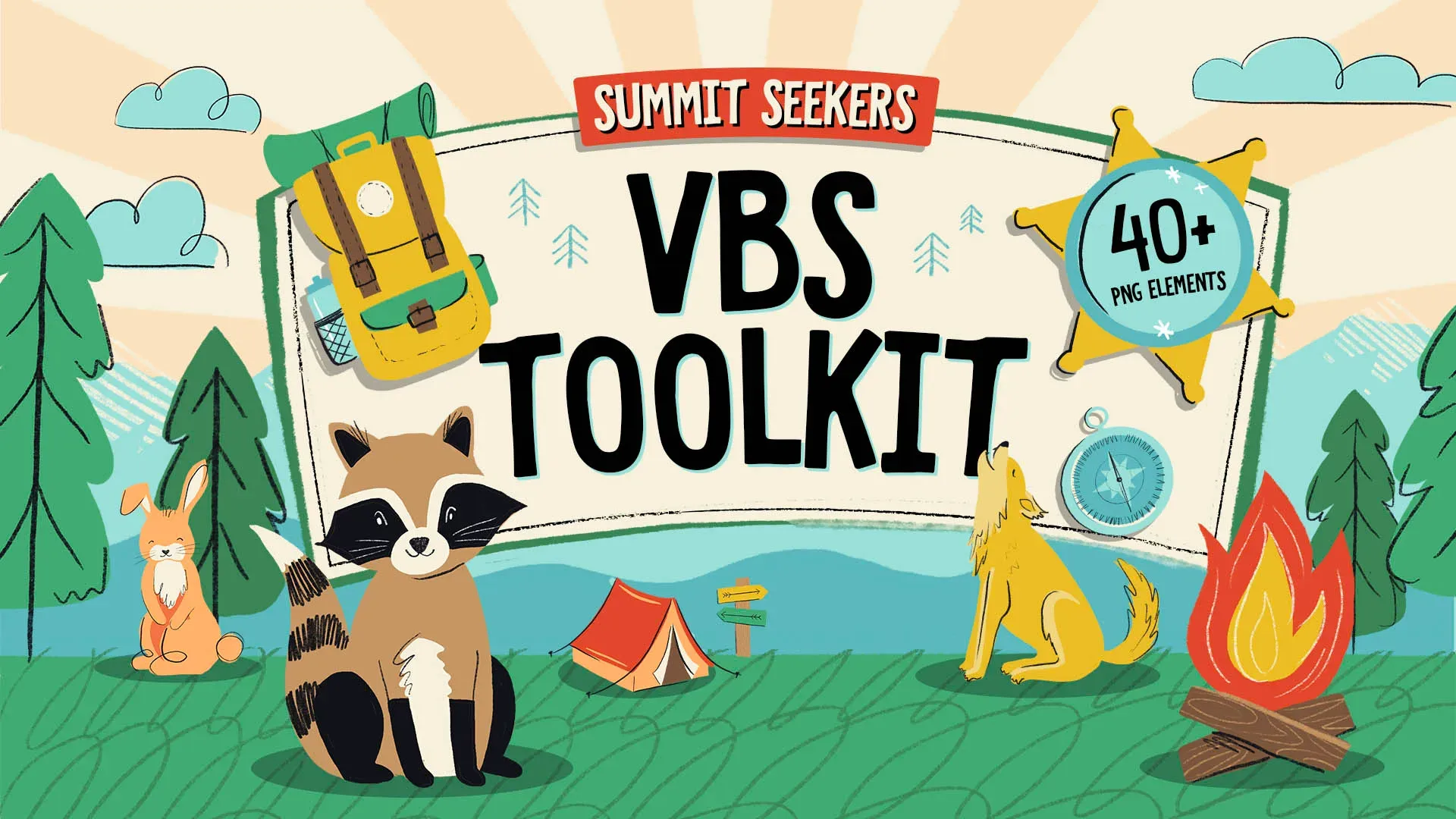 Colorful Summit Seekers VBS Toolkit featuring woodland animals, campfire, backpack, and outdoor adventure elements for children's ministry with 40+ PNG graphics.
