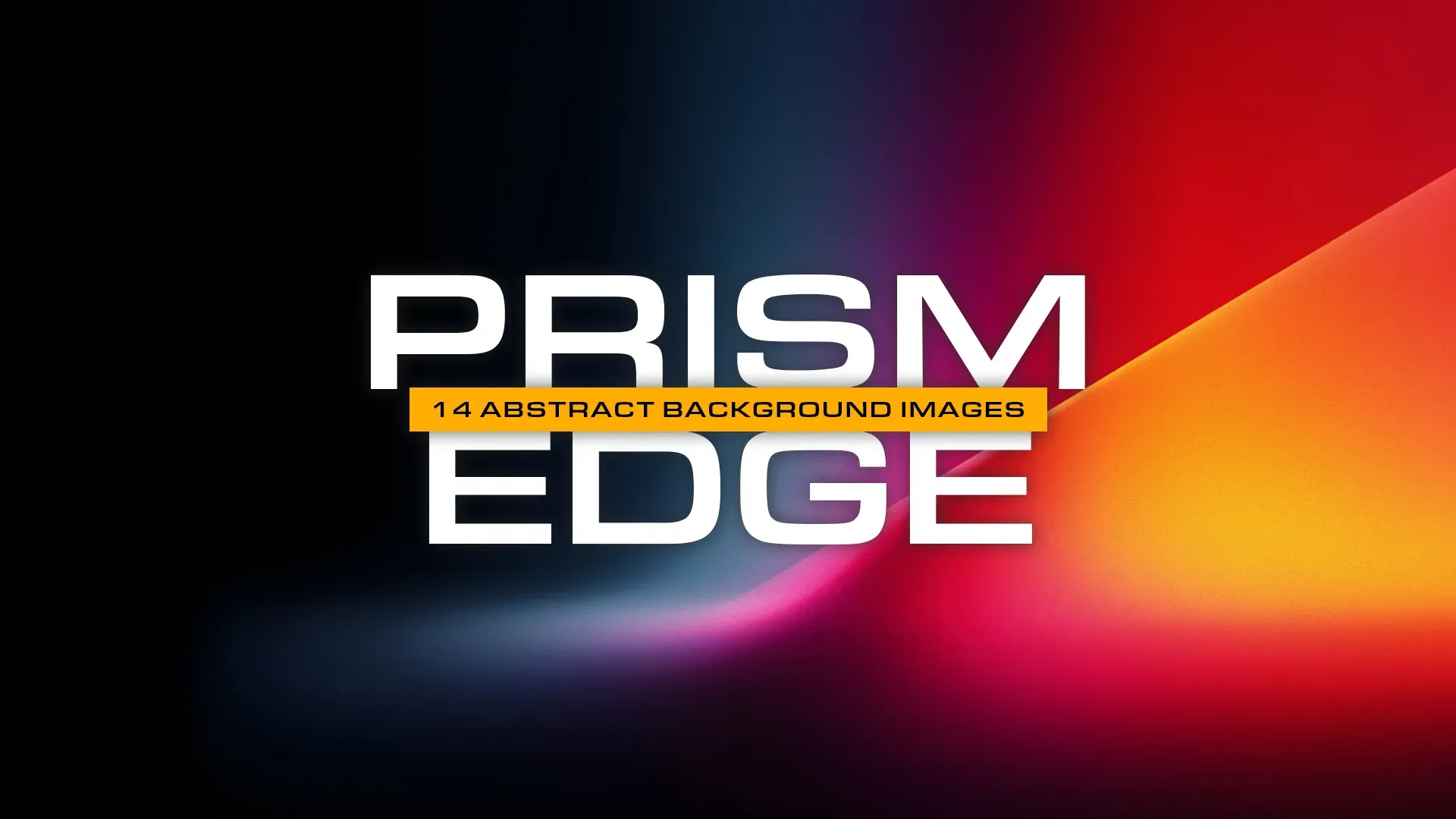 Colorful abstract gradient background with white "Prism Edge" text and yellow banner showing 14 abstract background images