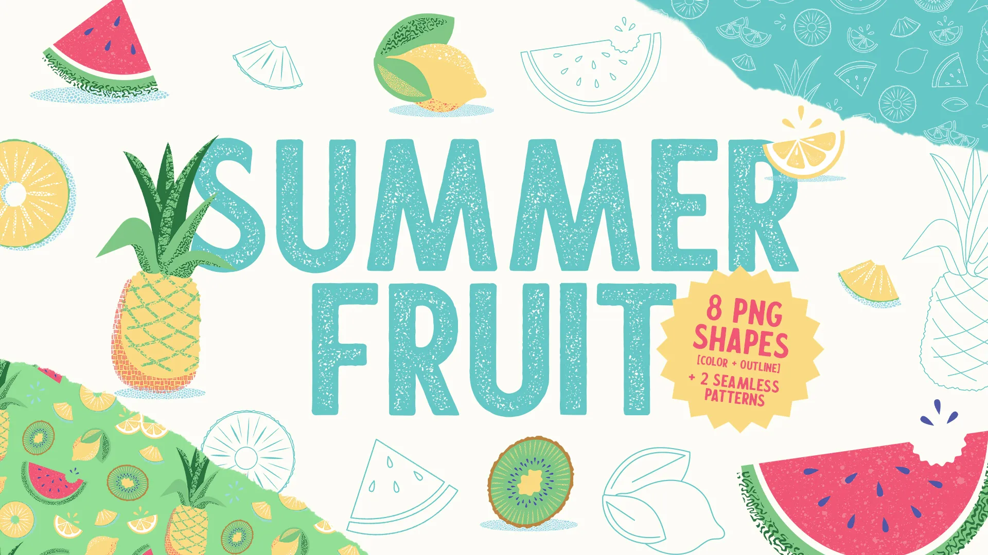 Vibrant summer fruit design pack featuring textured teal typography, colorful fruit illustrations including watermelon, pineapple, citrus, and kiwi, with 8 PNG shapes and 2 seamless patterns for church media use.