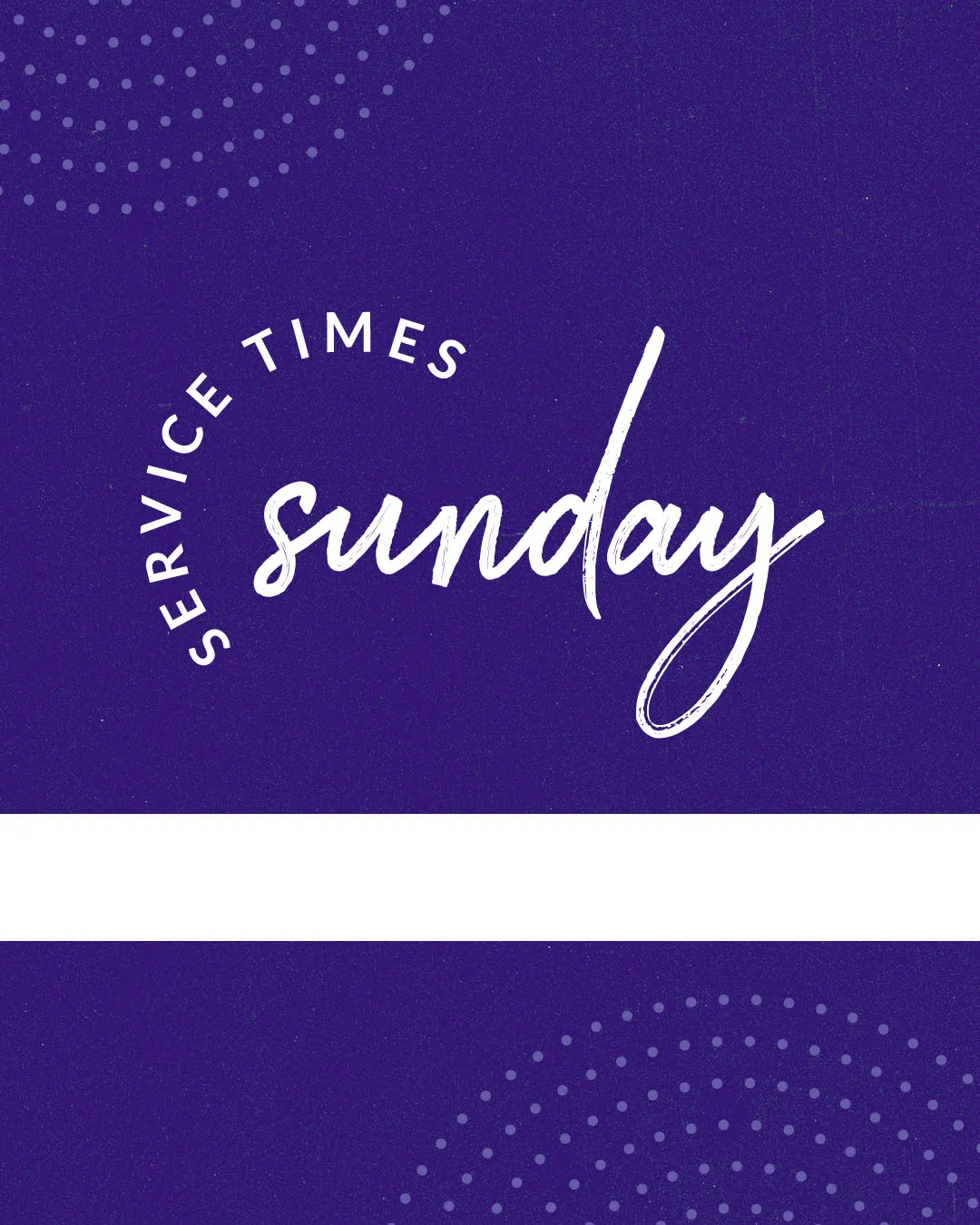 Type-driven church media featuring "Sunday" in white script with "SERVICE TIMES" curved around it on deep purple background with subtle dotted pattern elements.