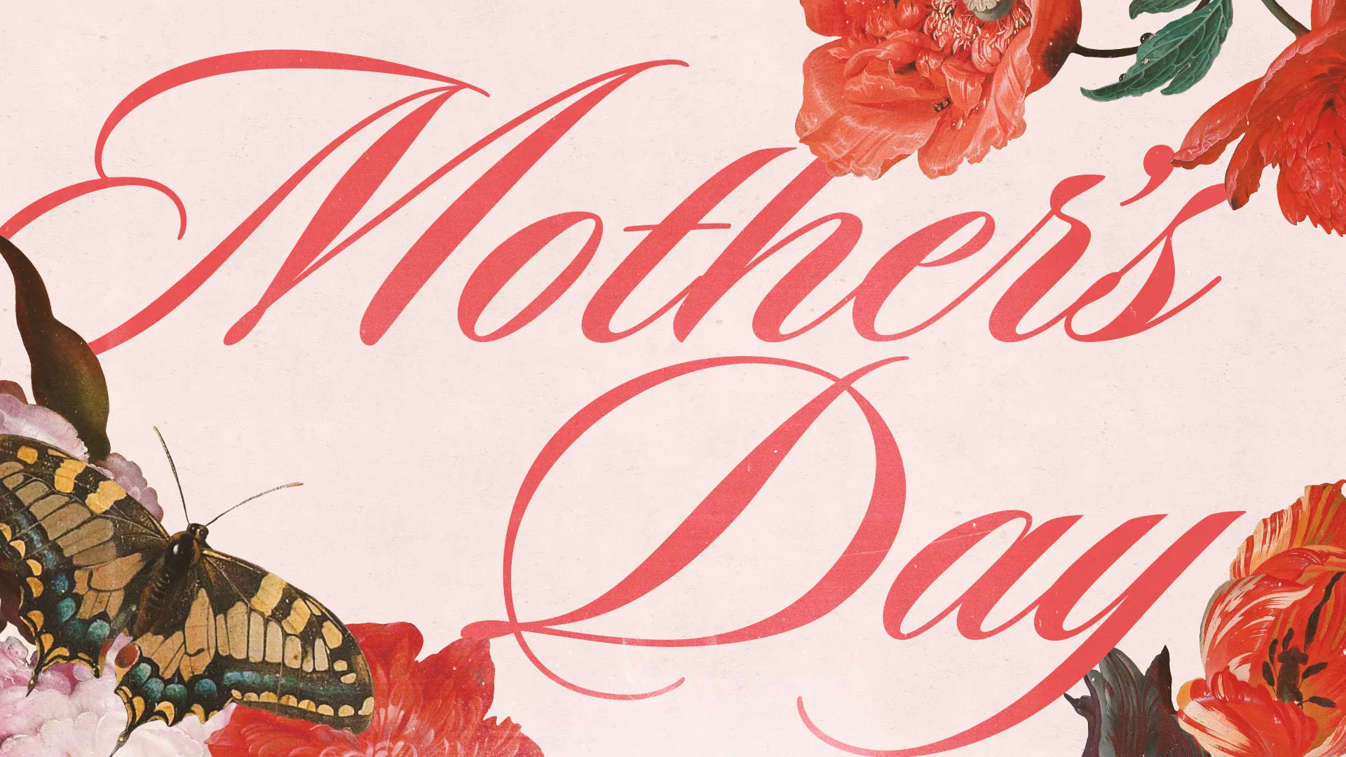 Elegant coral script "Mother's Day" text with vintage floral illustrations and butterfly on soft blush background for church celebration announcement