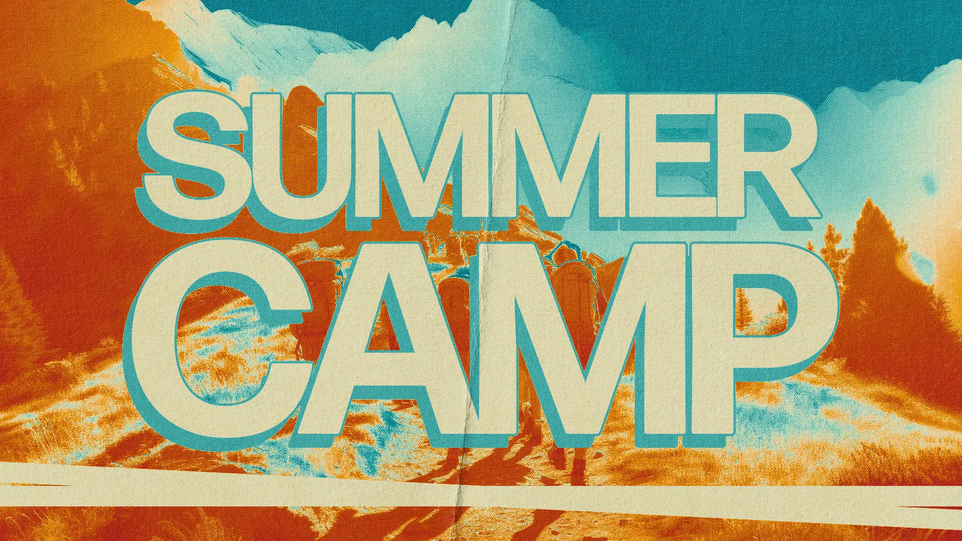 Bold "Summer Camp" text with teal outline on artistic orange and blue mountain landscape backdrop for church youth program announcement