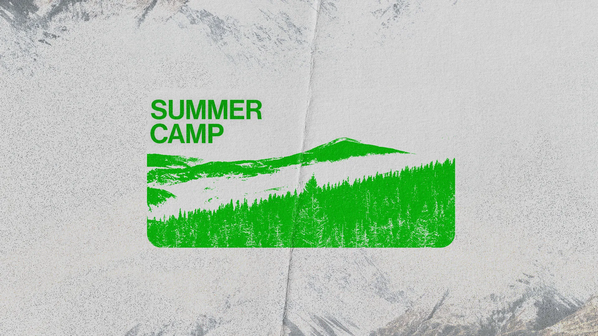 Minimalist Summer Camp graphic with bright green mountain forest illustration on textured light background for church youth programs