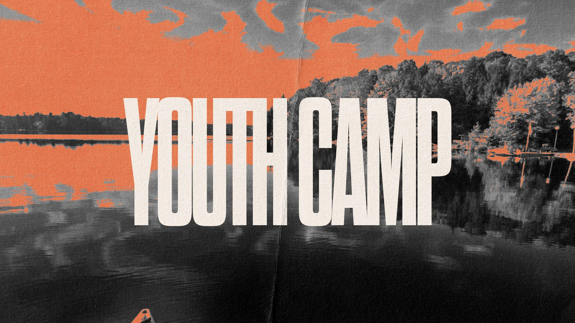 Bold "Youth Camp" text overlay on dramatic orange sunset lakeside scene for church youth ministry retreat announcements