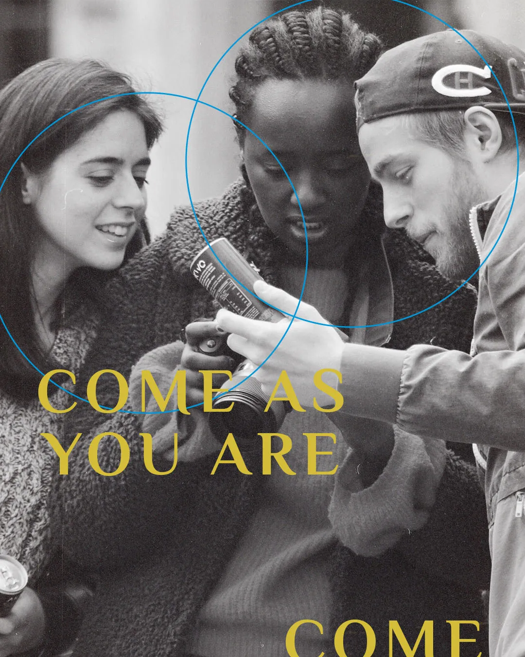 Photo-driven church media showing diverse young adults studying the Bible together with "COME AS YOU ARE" in gold typography on black and white photograph with blue circular design elements.