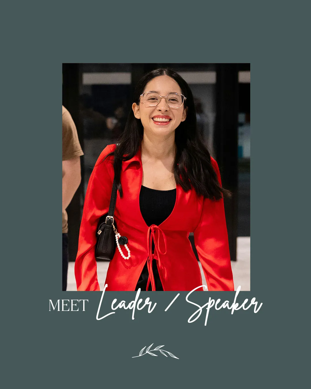 Church social media template featuring "Meet Leader/Speaker" text with professional photo of smiling woman in red blazer for introducing church leadership and guest speakers