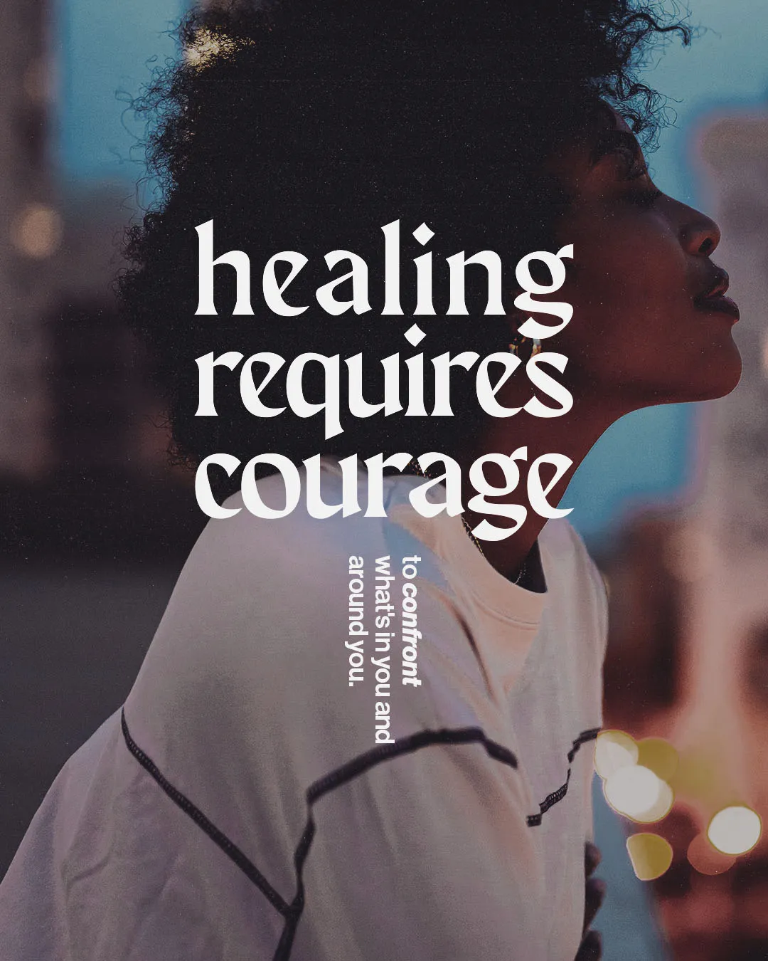 Artistic church social media template with profile portrait of person with curly hair featuring "healing requires courage" message in white typography over blue-toned background