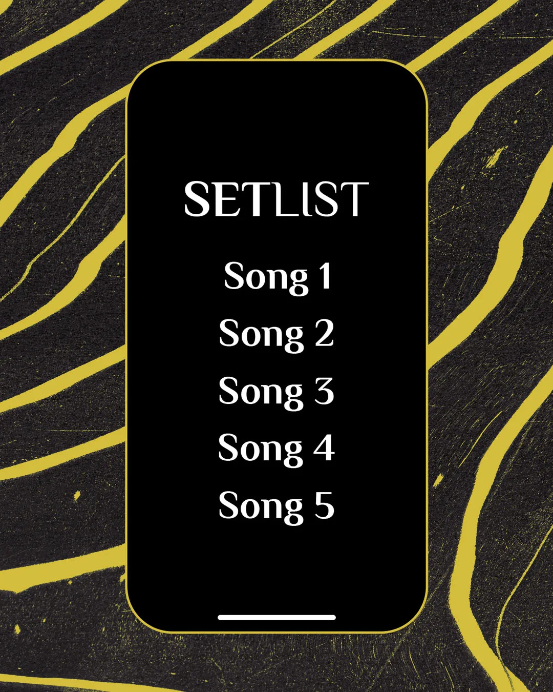 Black and yellow grunge-style church social media template featuring smartphone interface displaying worship setlist with five songs and textured background elements